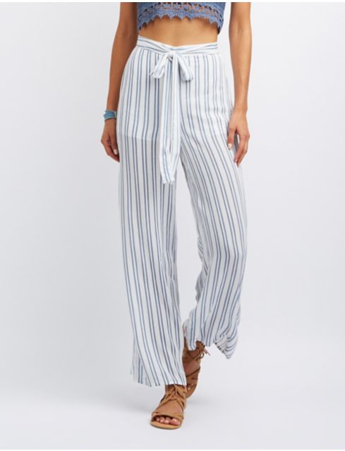 striped tie front pants