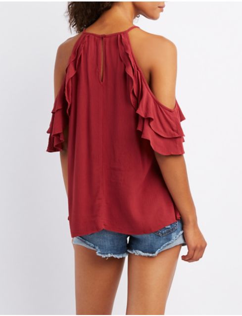 Embroidered Ruffle Trim Cold Shoulder Top Charlotte Russe