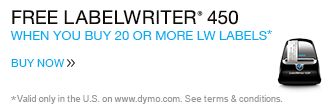 Free LabelWriter® 450 when you buy 20 LW Labels. Valid only in the U.S. on www.dymo.com. Offer expires September 20, 2016 at 2:59AM ET.