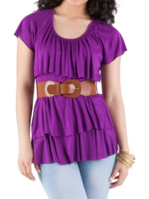 Short Sleeve Tier Front With Belt Top