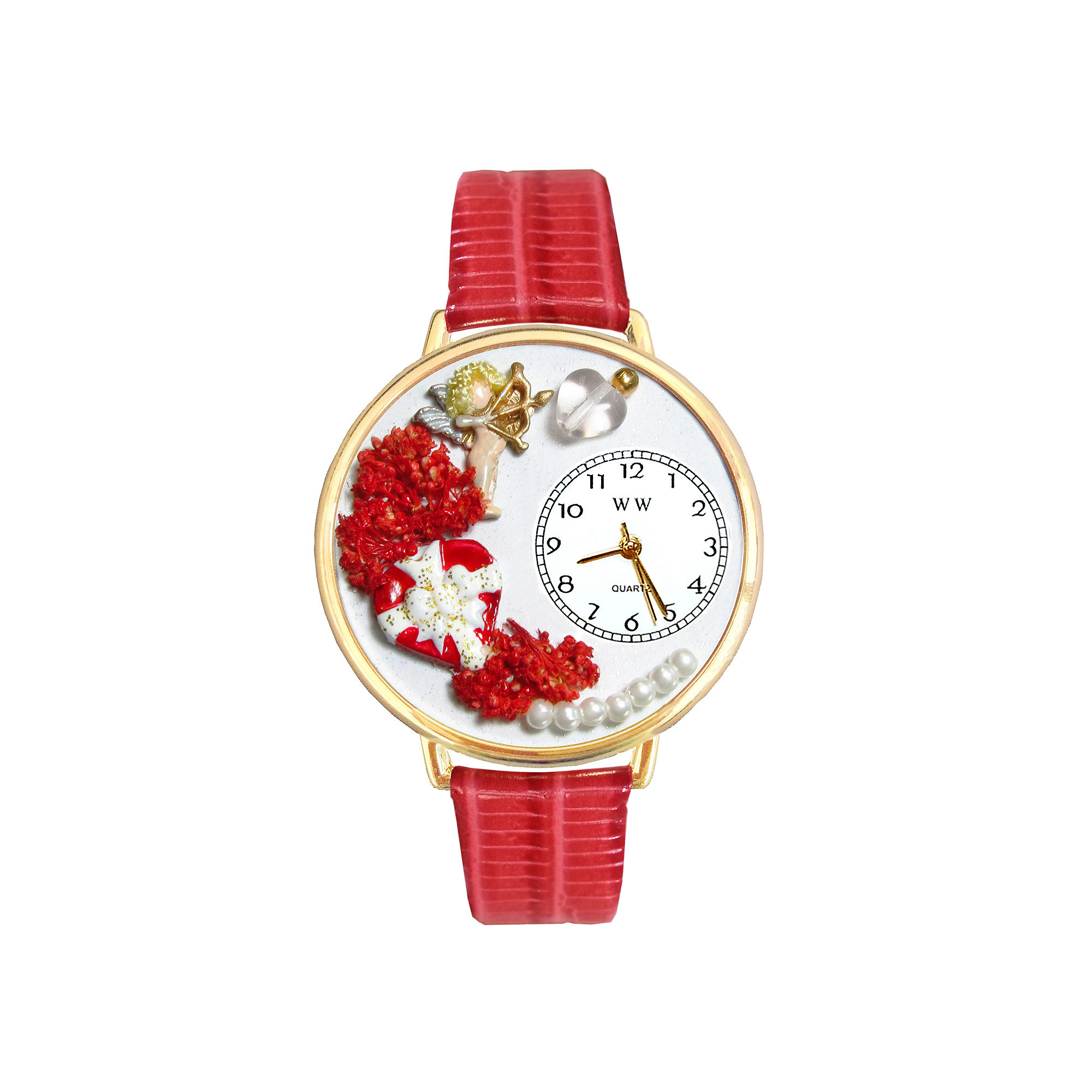 Whimsical Watches Personalized Valentines Day Womens Gold-Tone Bezel Red Leather Strap Watch