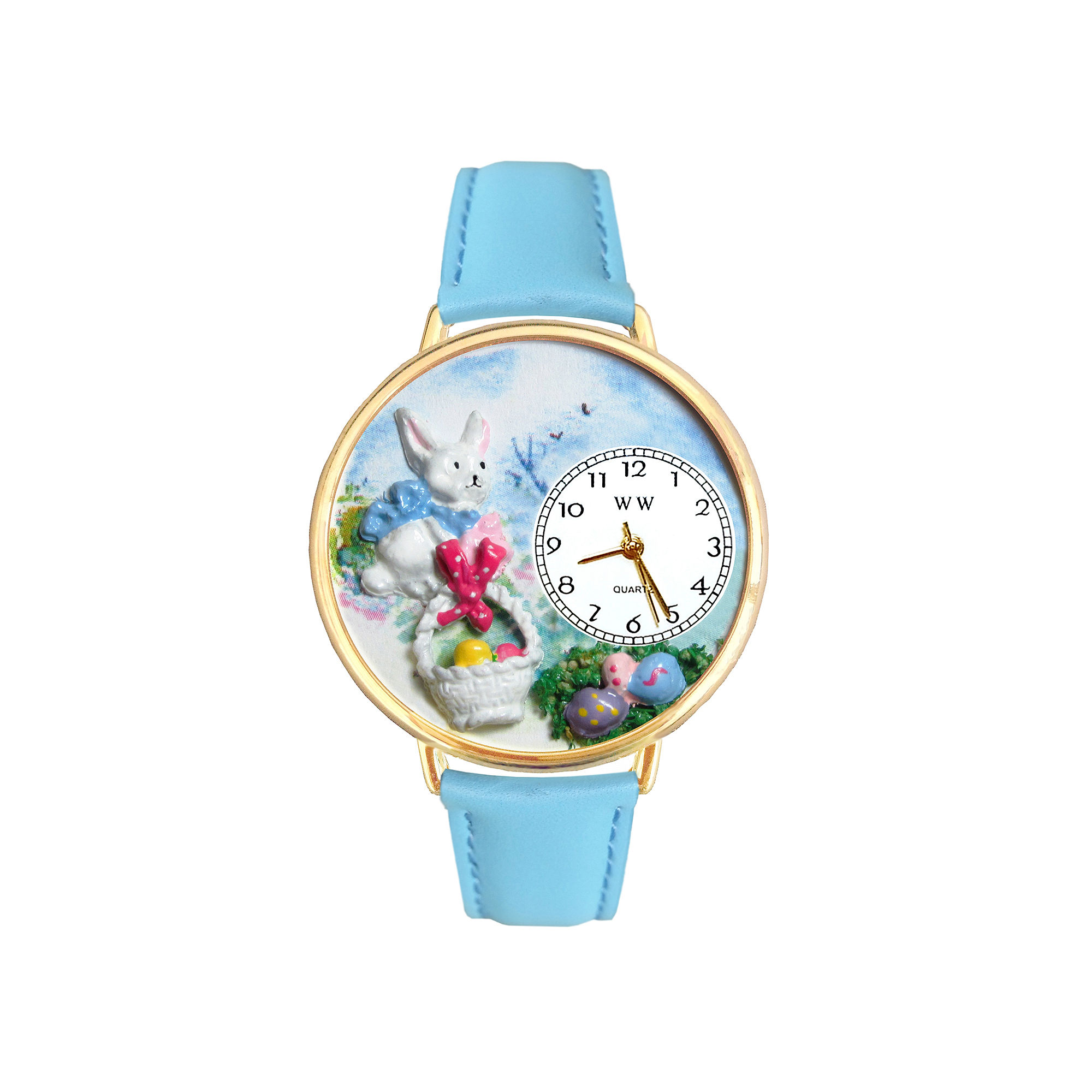 Whimsical Watches Personalized Easter Egg Womens Gold-Tone Bezel Light Blue Leather Strap Watch