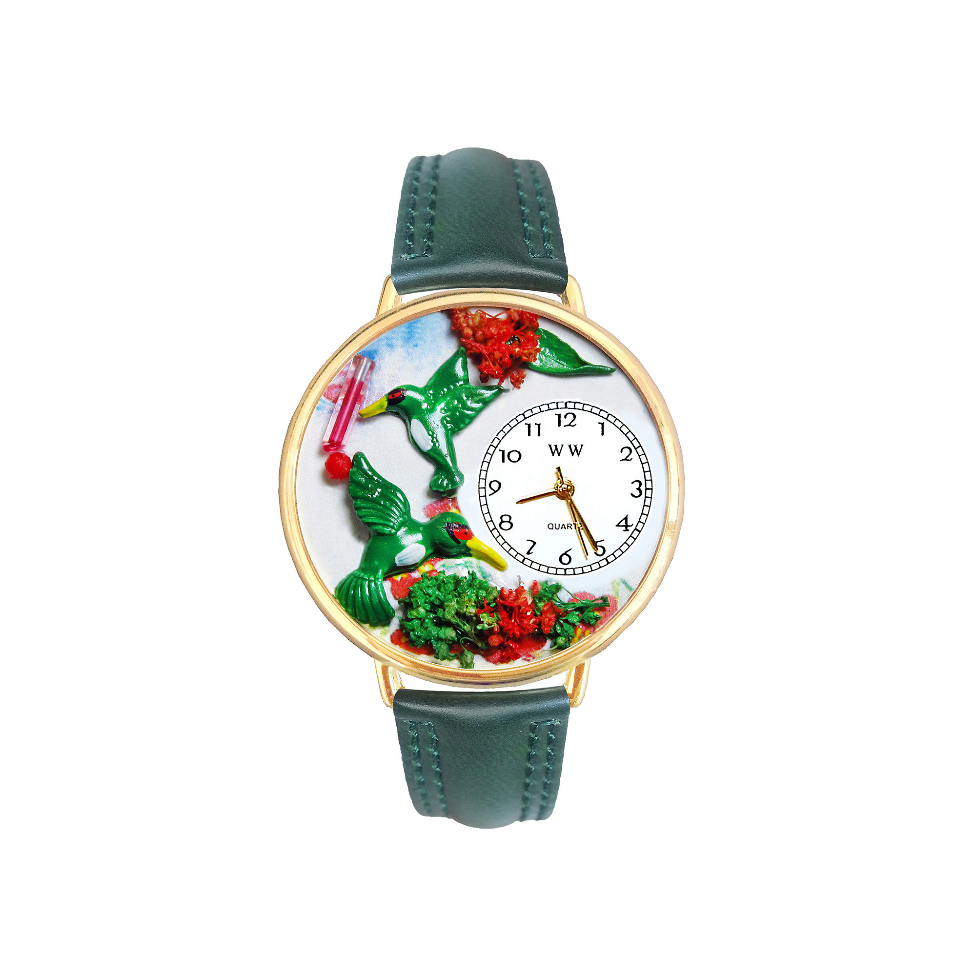 Whimsical Watches Personalized Hummingbird Womens Gold-Tone Bezel Green Leather Strap Watch