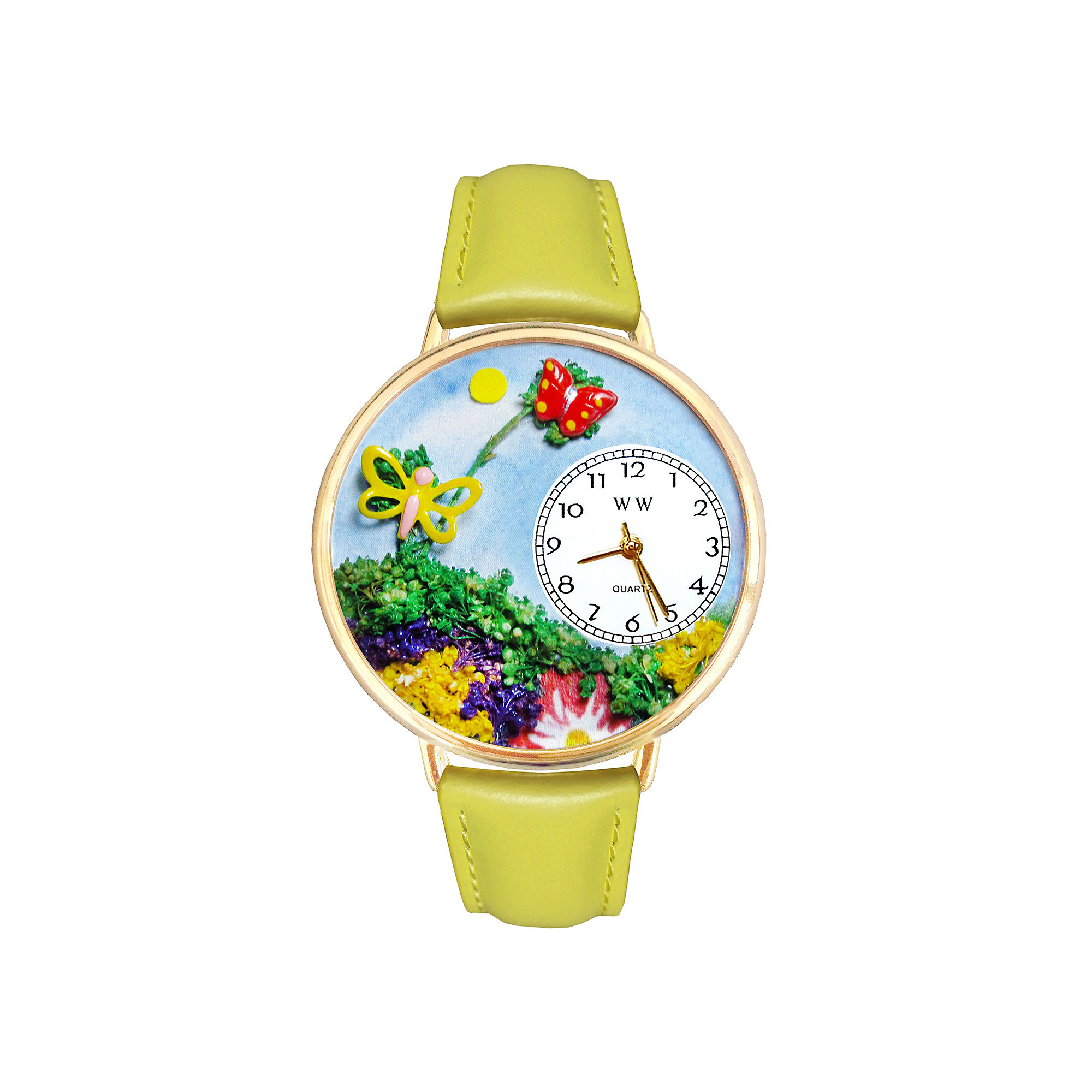 Whimsical Watches Personalized Butterfly Womens Gold-Tone Bezel Yellow Leather Strap Watch