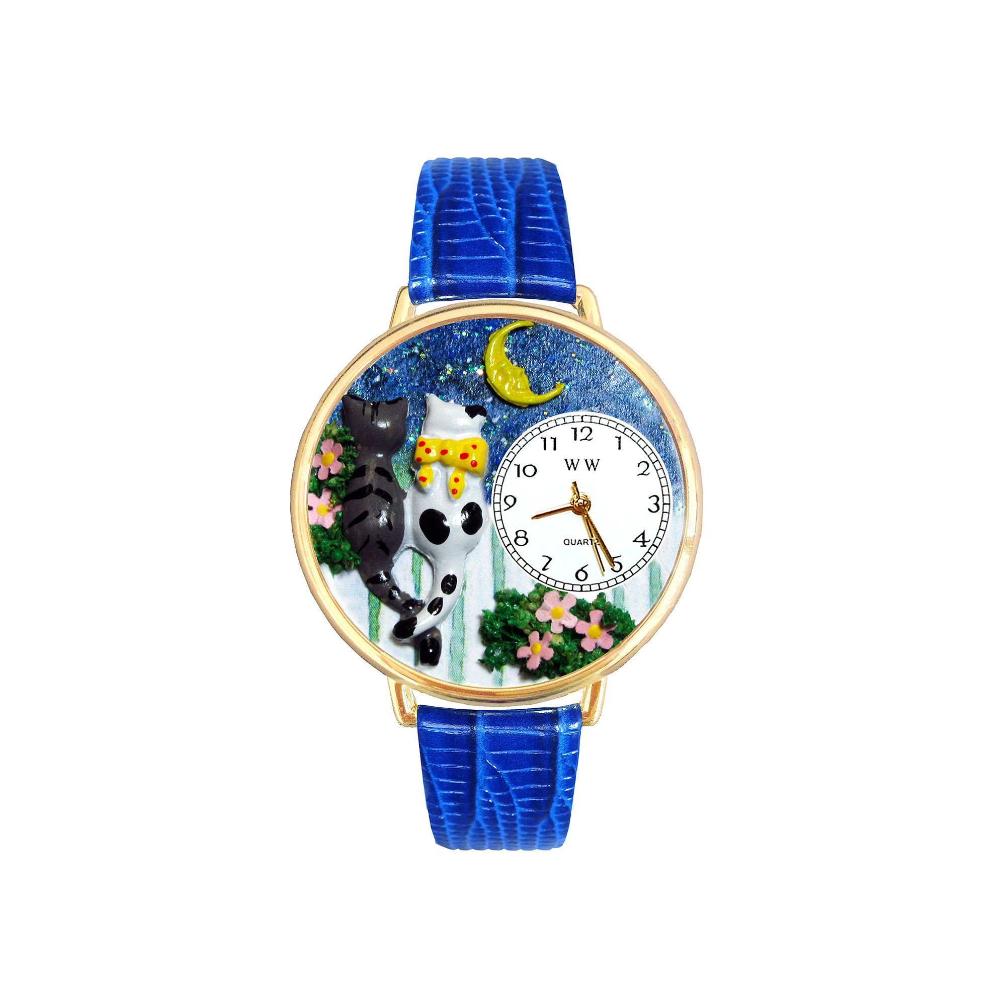 Whimsical Watches Personalized Cat Night Out Womens Gold-Tone Bezel Blue Leather Strap Watch