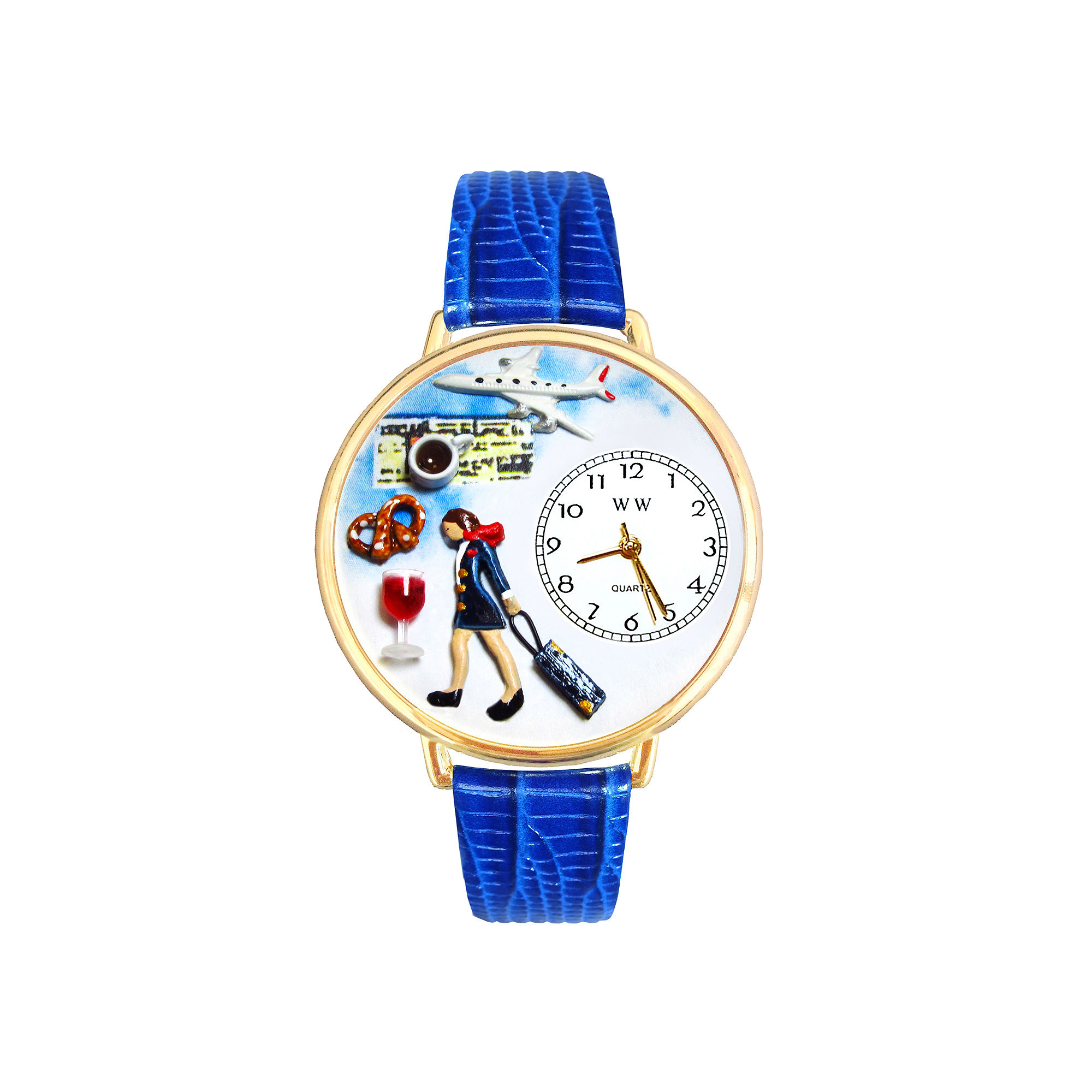 Whimsical Watches Personalized Flight Attendant Womens Gold-Tone Bezel Blue Leather Strap Watch