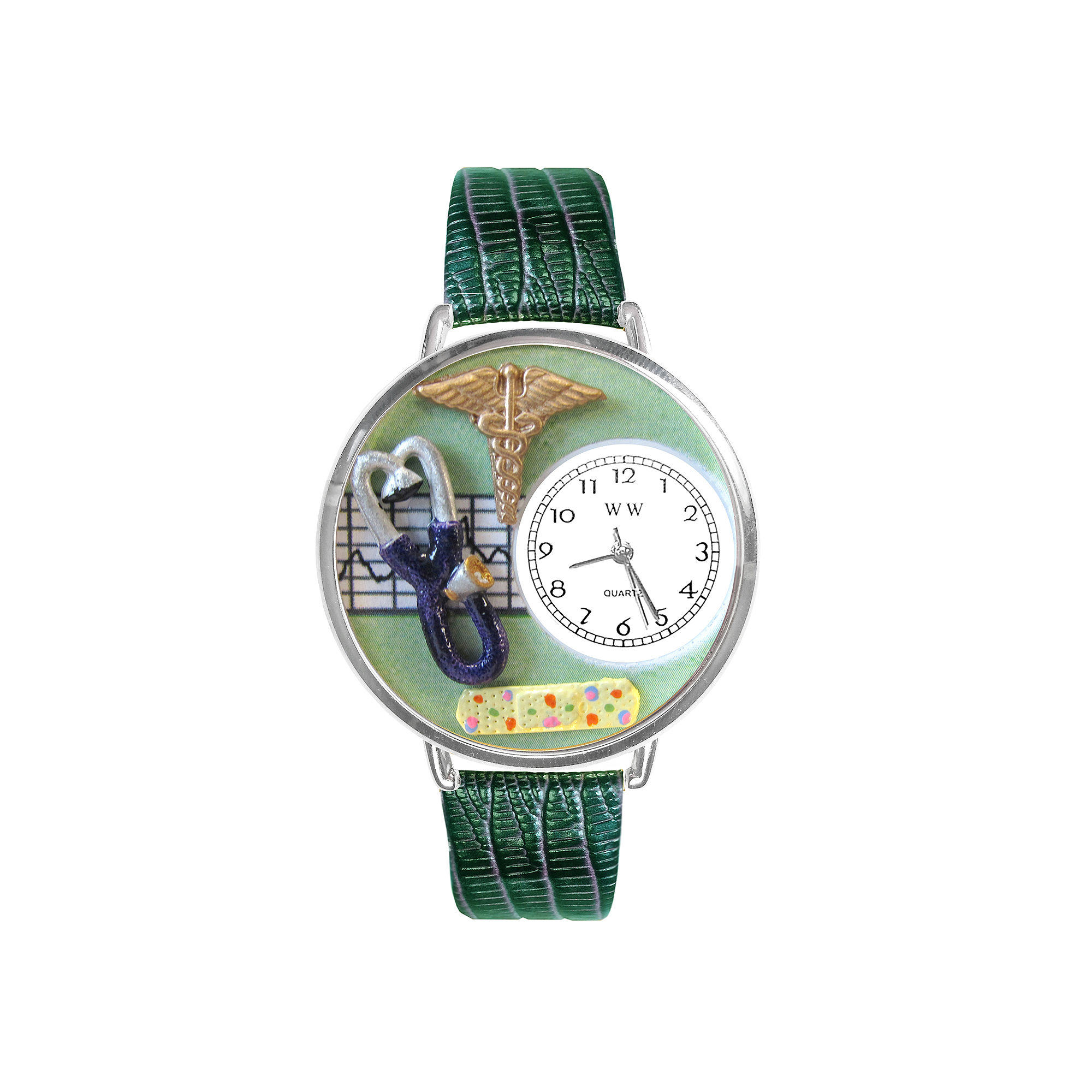 Whimsical Watches Personalized Nurse Womens Silver-Tone Bezel Green Leather Strap Watch