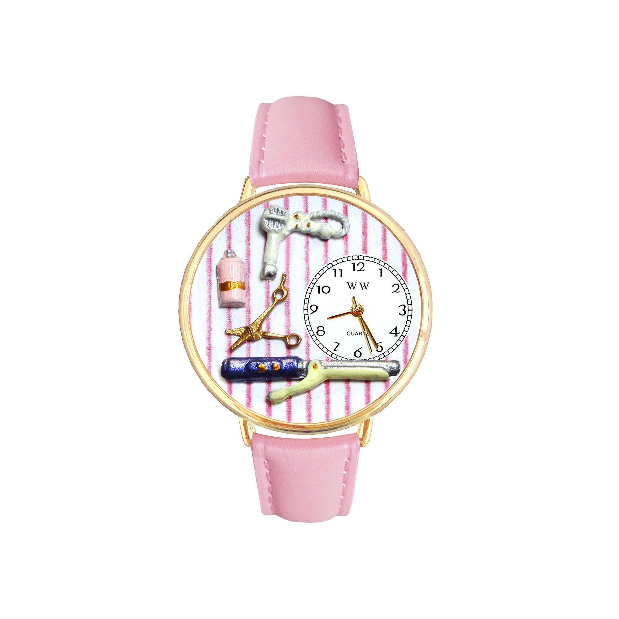 Whimsical Watches Personalized Beautician Womens Gold-Tone Bezel Pink Leather Strap Watch