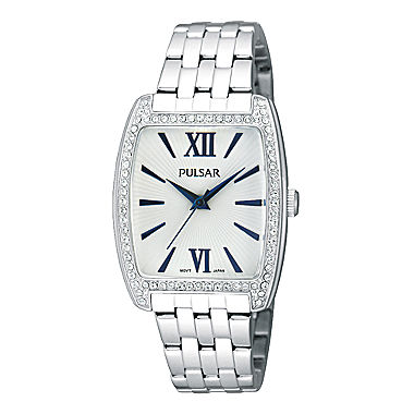 Pulsar® Womens Crystal-Accent Silver-Tone Tonneau Watch PH8095