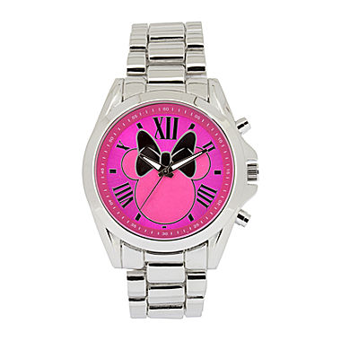 Disney Minnie Mouse Womens Pink Dial Silver-Tone
