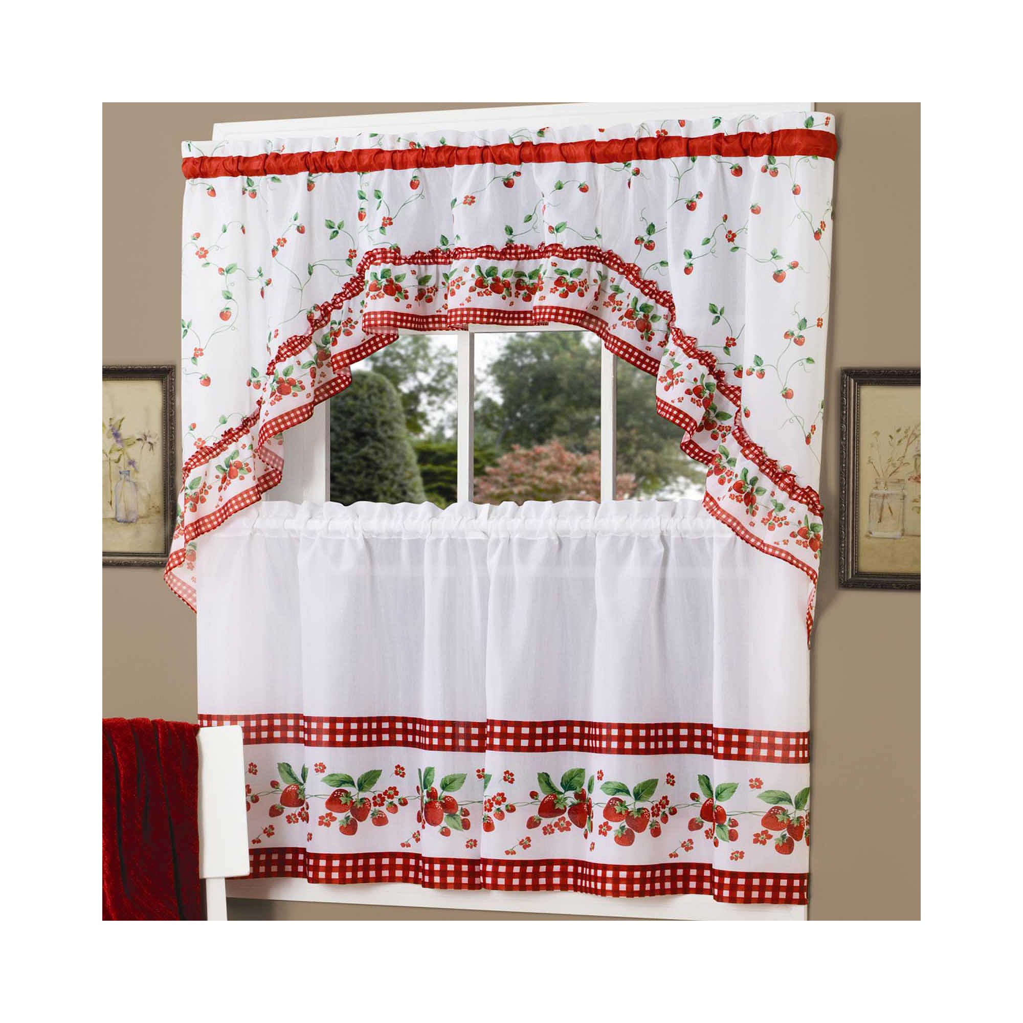 Strawberry Vine Rod-Pocket Window Tier and Swag Valance Set