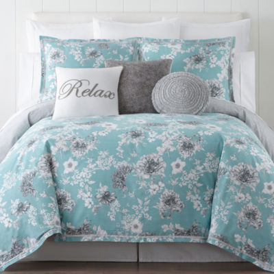 JCPenney Home Pencil Floral 4-pc. Comforter set, Color: Aqua - JCPenney