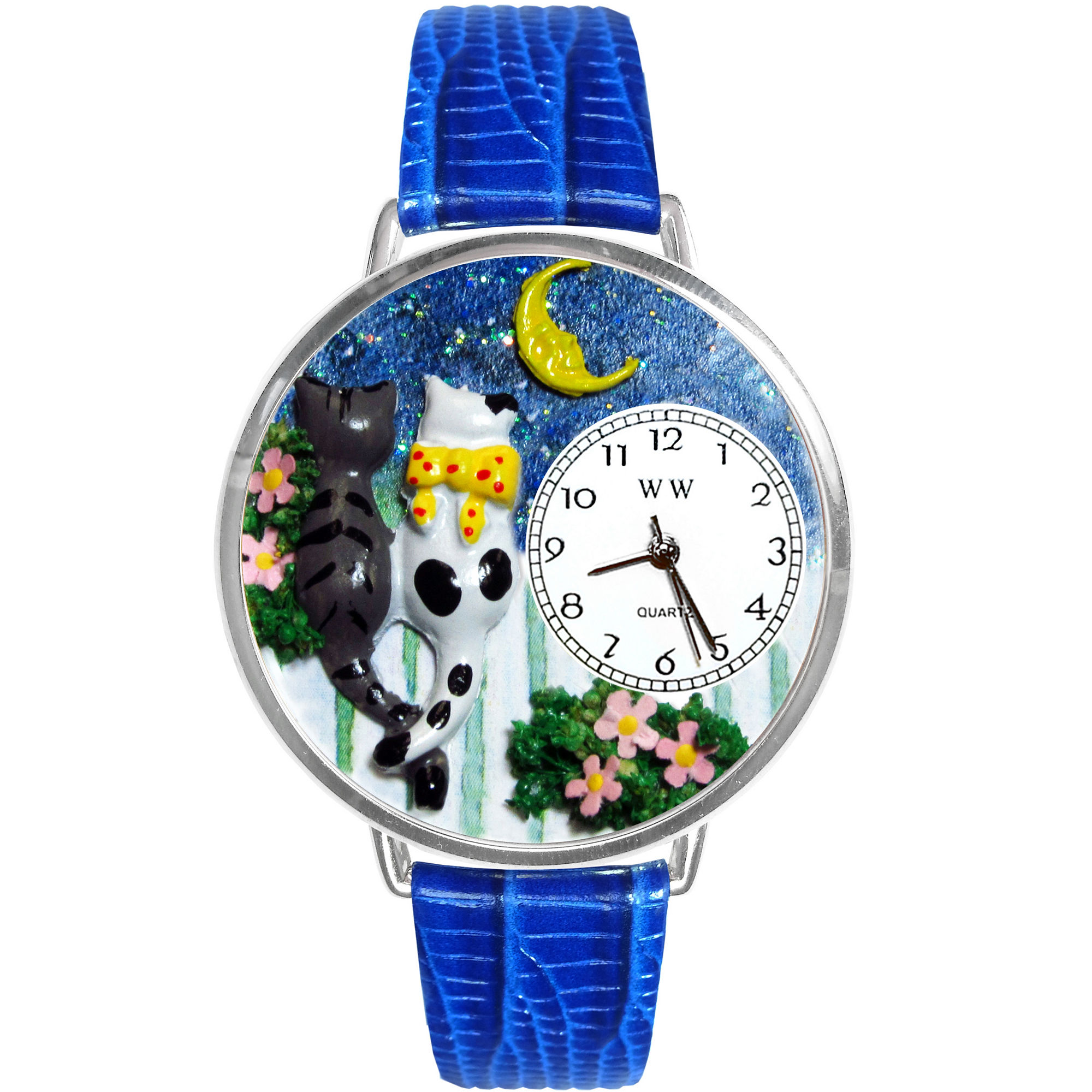 Whimsical Watches Personalized Cat Night Out Womens Silver-Tone Bezel Blue Leather Strap Watch
