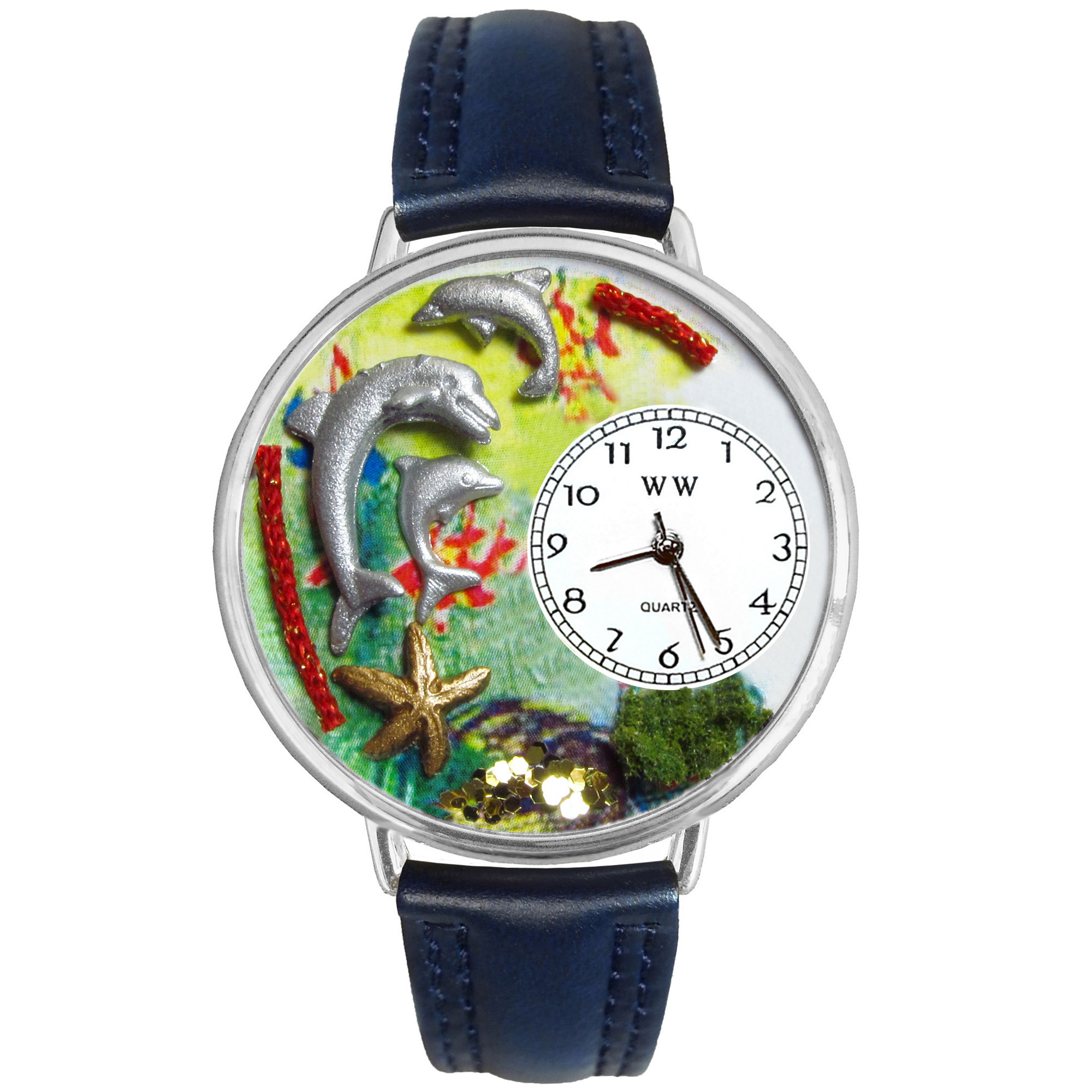 Whimsical Watches Personalized Dolphin Womens Silver-Tone Bezel Blue Leather Strap Watch