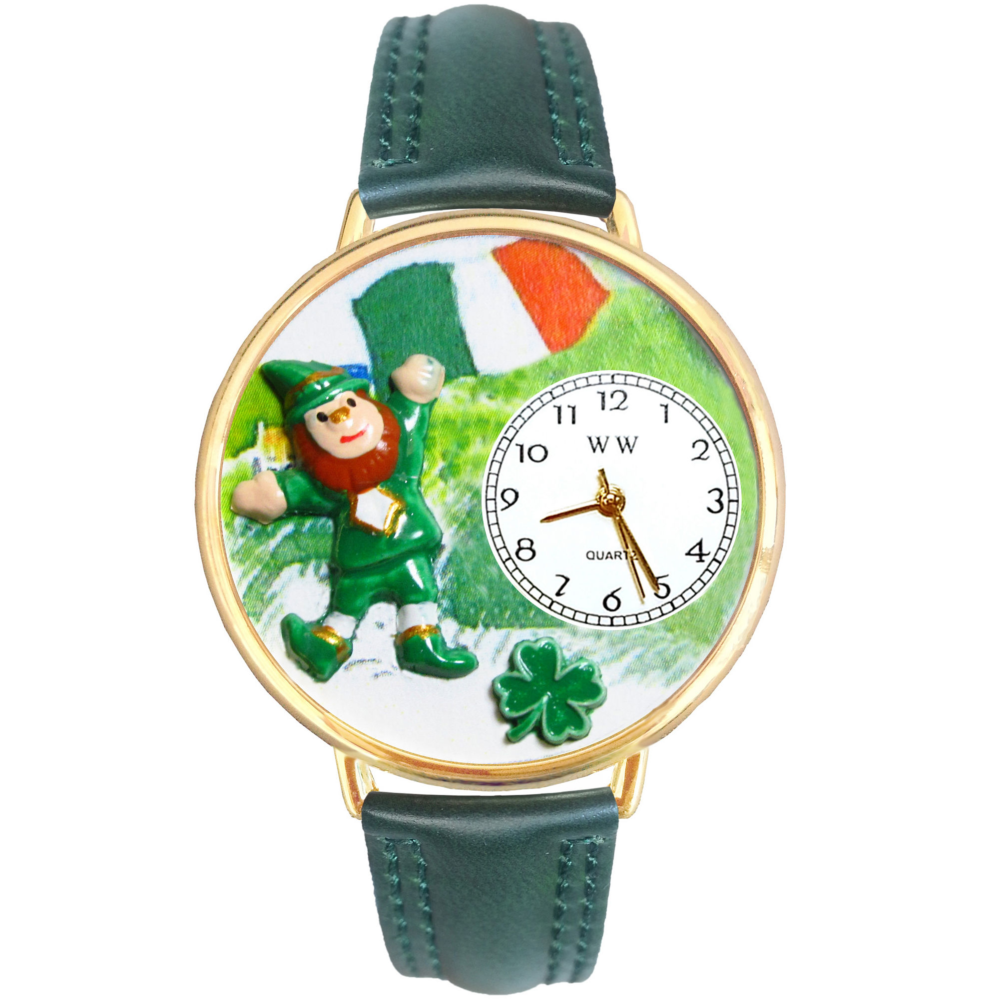 Whimsical Watches Personalized St. Patricks Day Womens Gold-Tone Bezel Green Leather Strap Watch