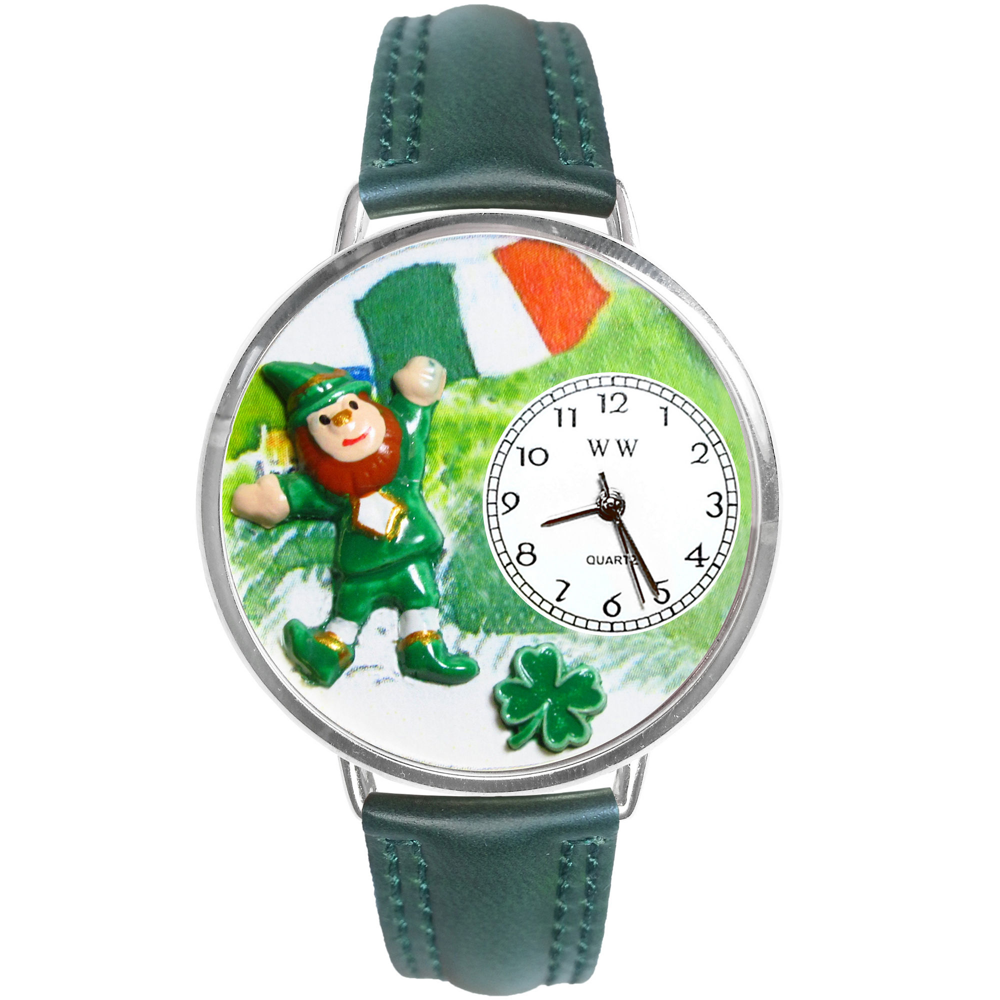 Whimsical Watches Personalized St. Patricks Day Womens Silver-Tone Bezel Green Leather Strap Watch