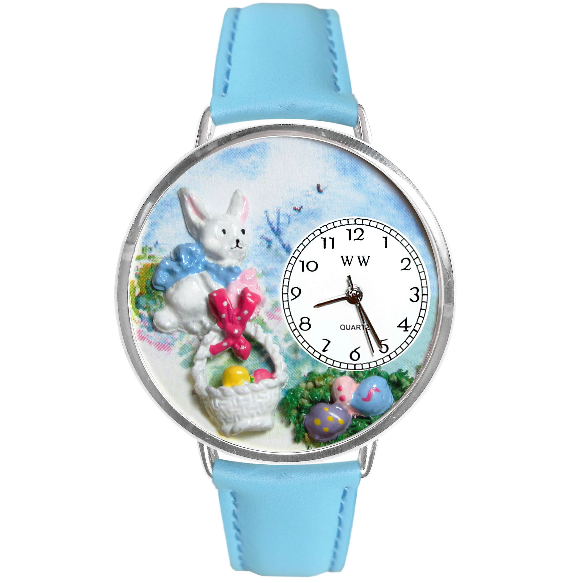 Whimsical Watches Personalized Easter Egg Womens Silver-Tone Bezel Light Blue Leather Strap Watch