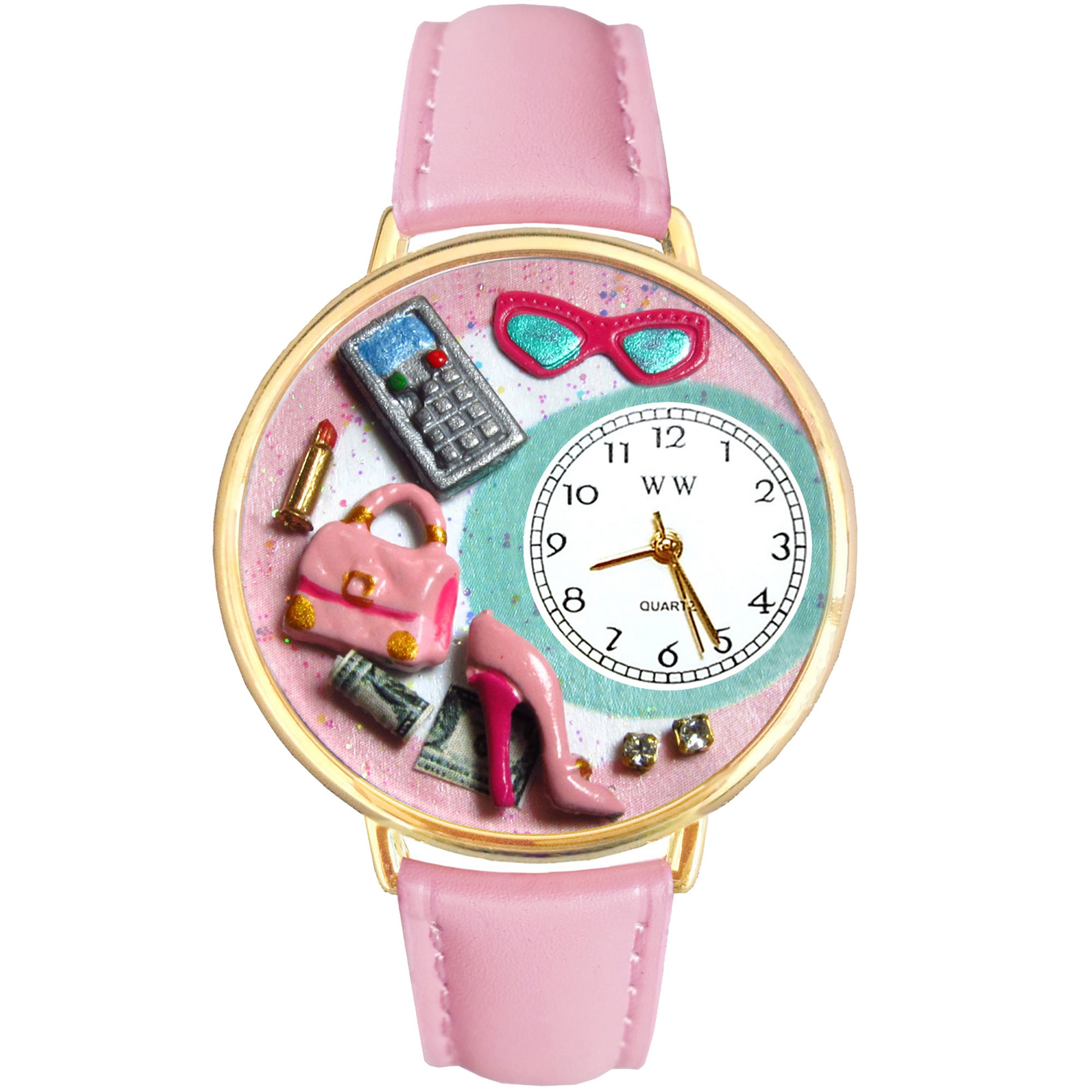 Whimsical Watches Personalized Shopper Mom Womens Gold-Tone Bezel Pink Leather Strap Watch