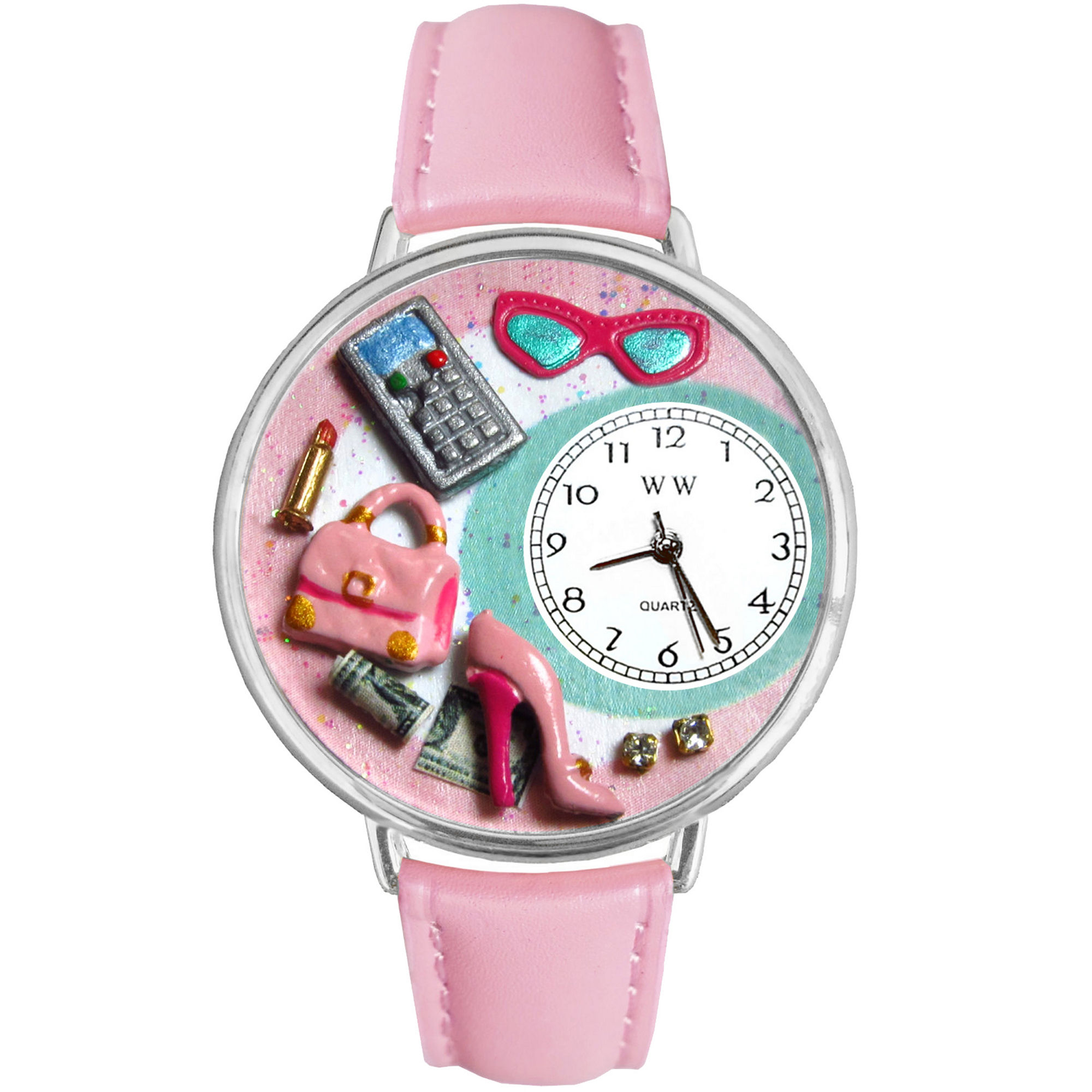 Whimsical Watches Personalized Shopper Mom Womens Silver-Tone Bezel Pink Leather Strap Watch
