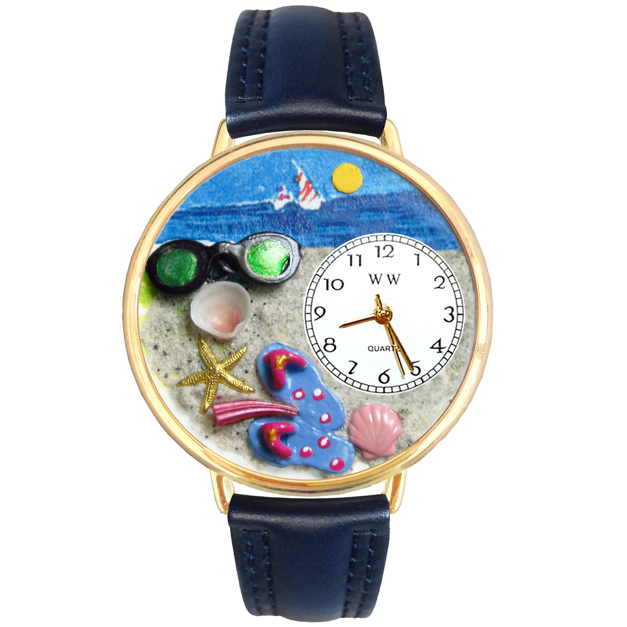 Whimsical Watches Personalized Flip-Flop Womens Gold-Tone Bezel Blue Leather Strap Watch