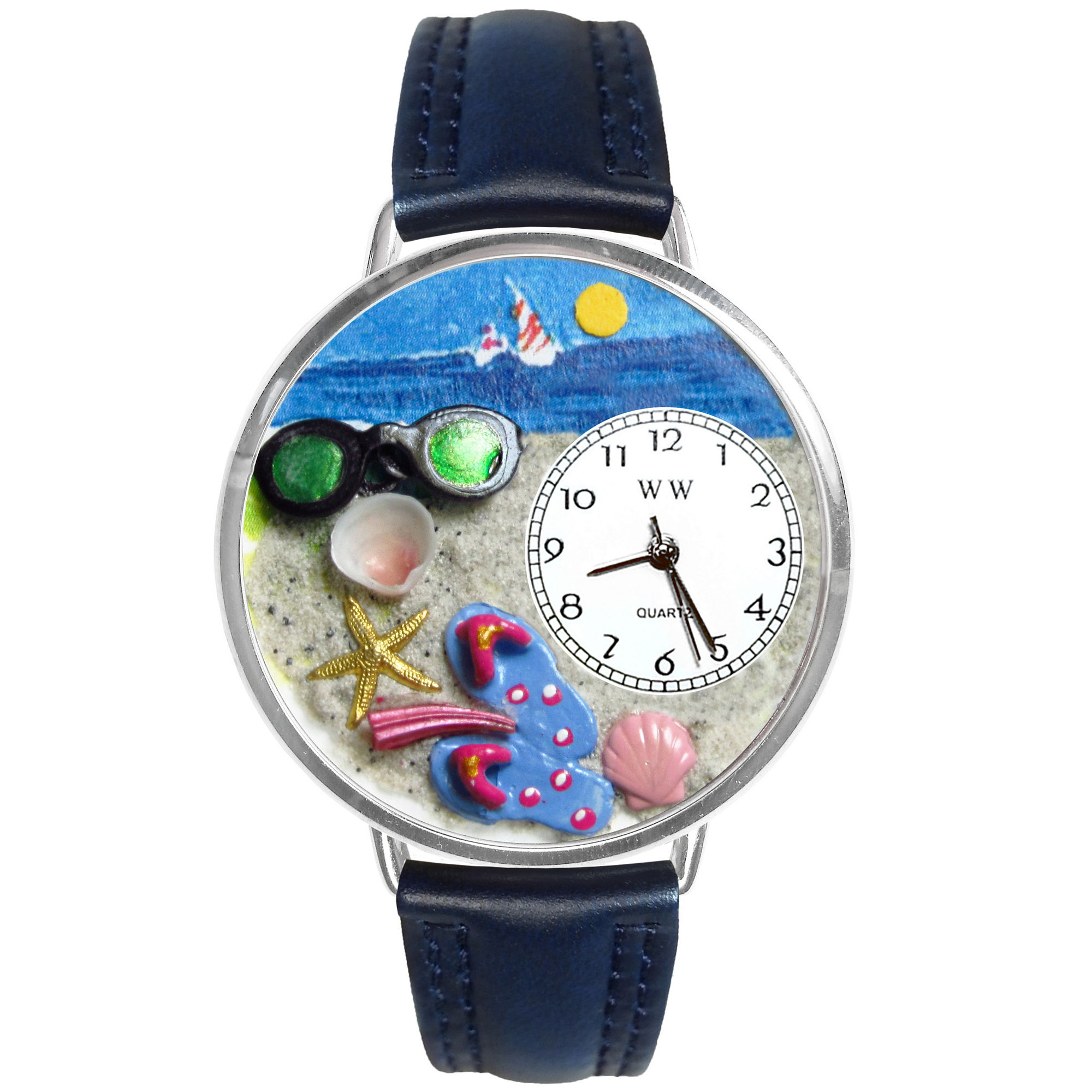 Whimsical Watches Personalized Flip-Flop Womens Silver-Tone Bezel Blue Leather Strap Watch