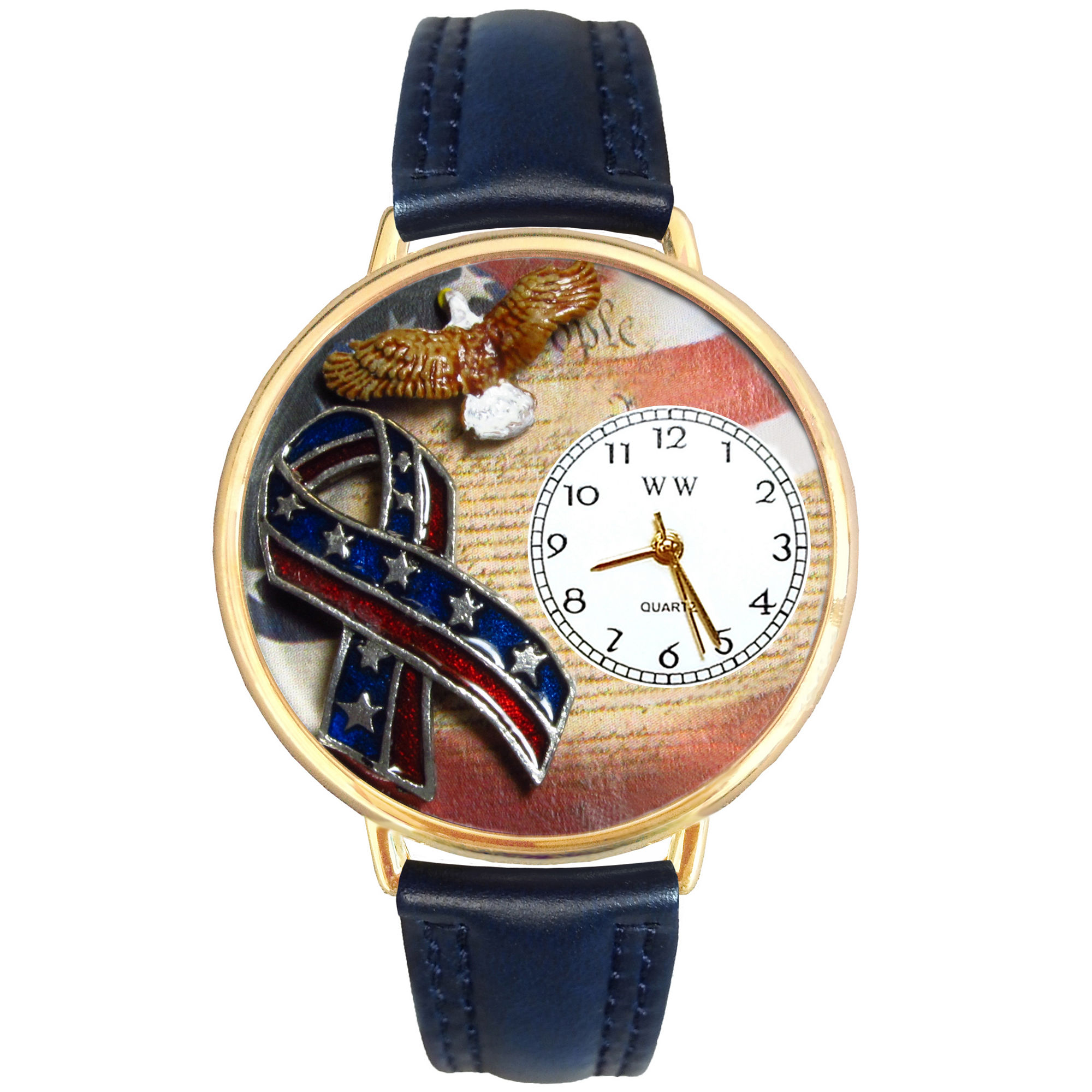 Whimsical Watches Personalized America Patriotic Womens Gold-Tone Bezel Blue Leather Strap Watch