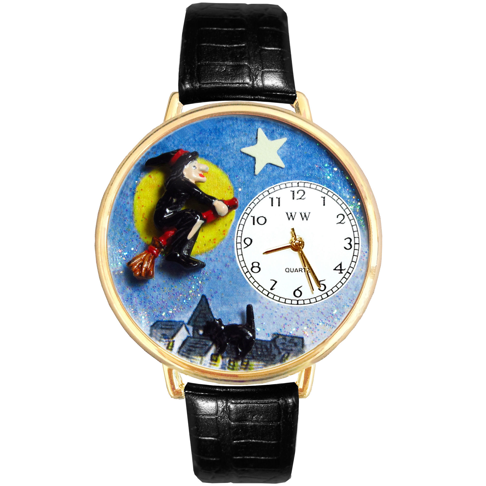 Whimsical Watches Personalized Halloween Witch Womens Gold-Tone Bezel Black Leather Strap Watch