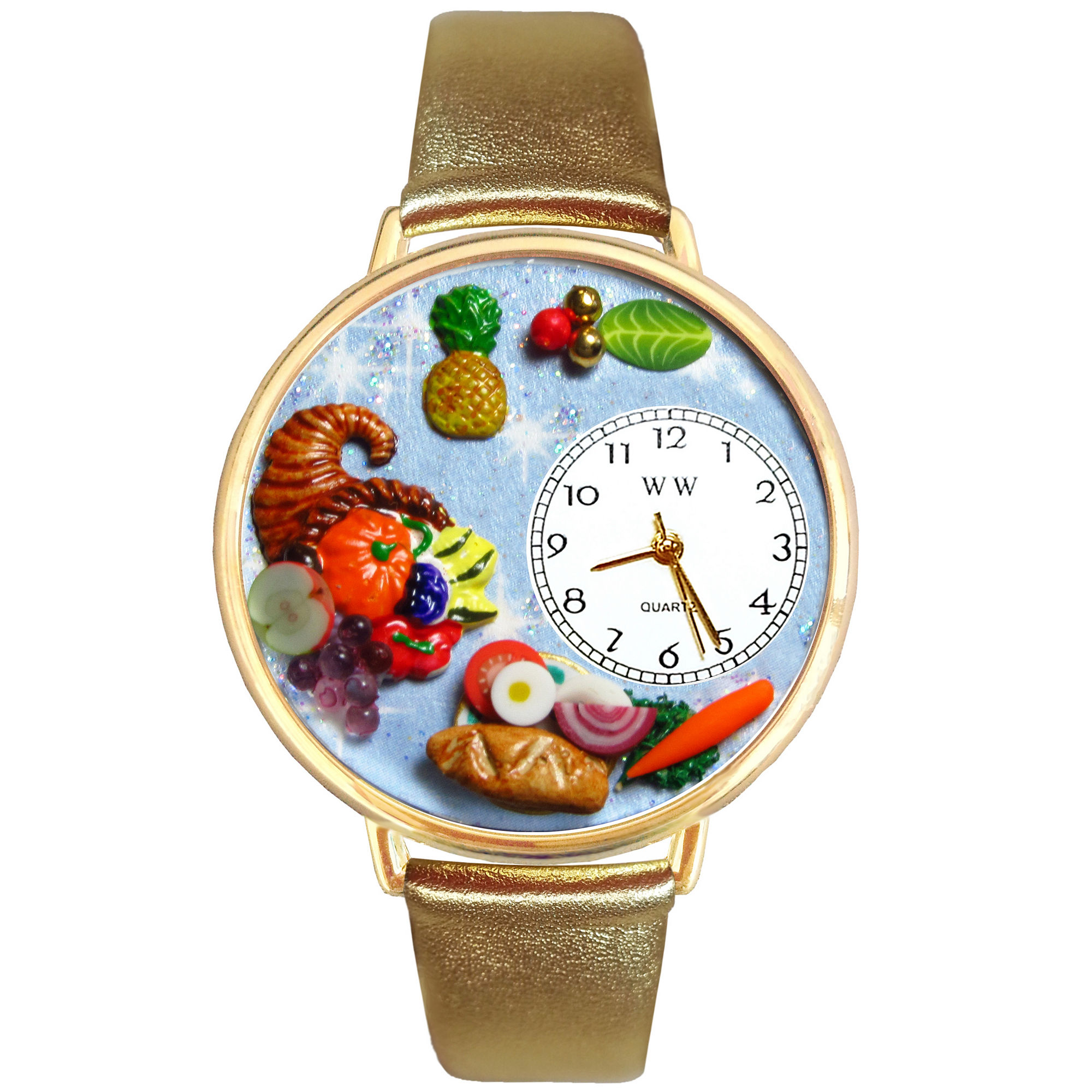 Whimsical Watches Personalized Holiday Feast Womens Gold-Tone Bezel Tan Leather Strap Watch