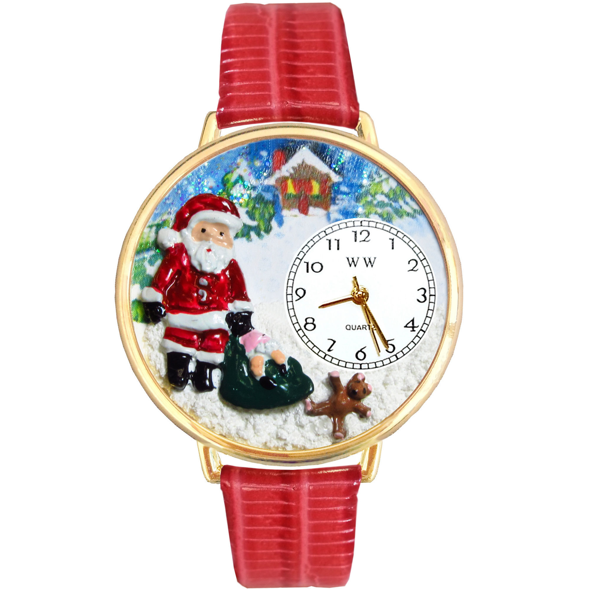Whimsical Watches Personalized Christmas Santa Claus Womens Gold-Tone Bezel Red Leather Strap Watch