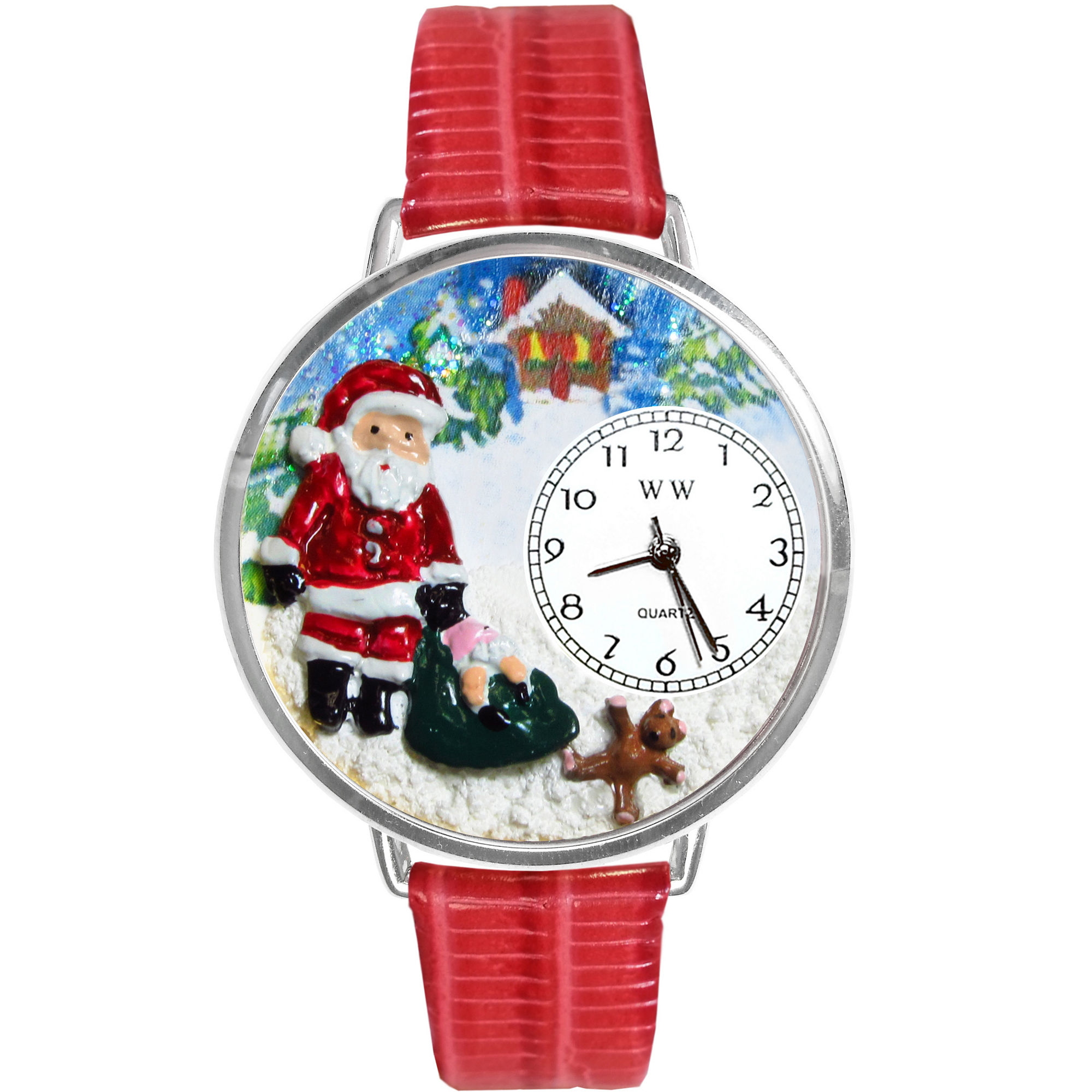 Whimsical Watches Personalized Christmas Santa Claus Womens Silver-Tone Bezel Red Leather Strap Watch