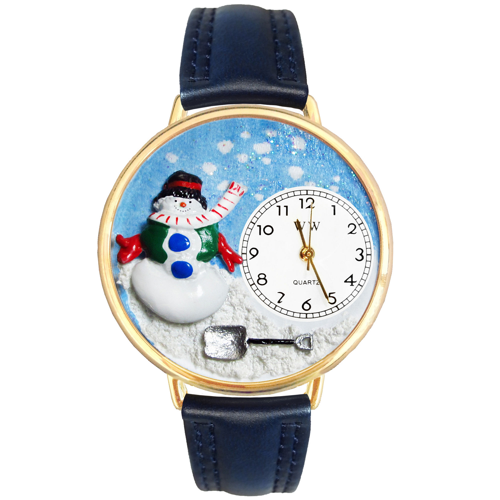 Whimsical Watches Personalized Holiday Snowman Womens Gold-Tone Bezel Blue Leather Strap Watch