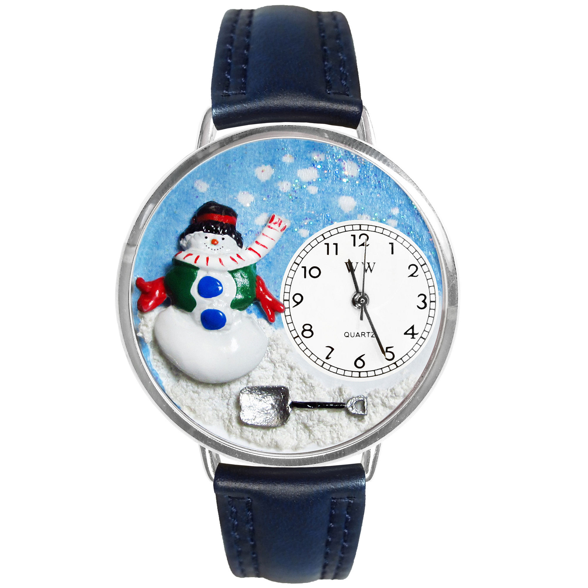 Whimsical Watches Personalized Holiday Snowman Womens Silver-Tone Bezel Blue Leather Strap Watch