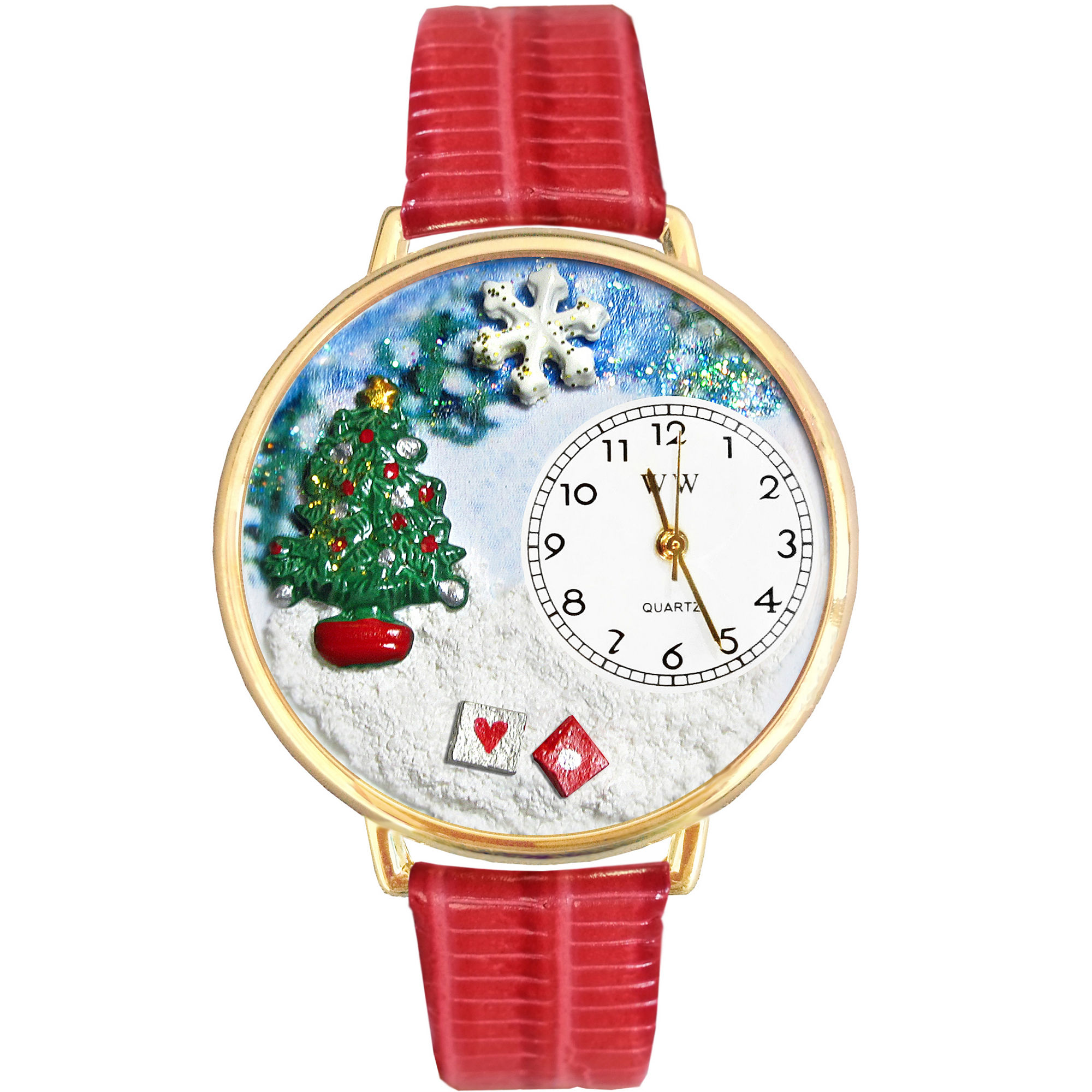 Whimsical Watches Personalized Christmas Tree Womens Gold-Tone Bezel Red Leather Strap Watch