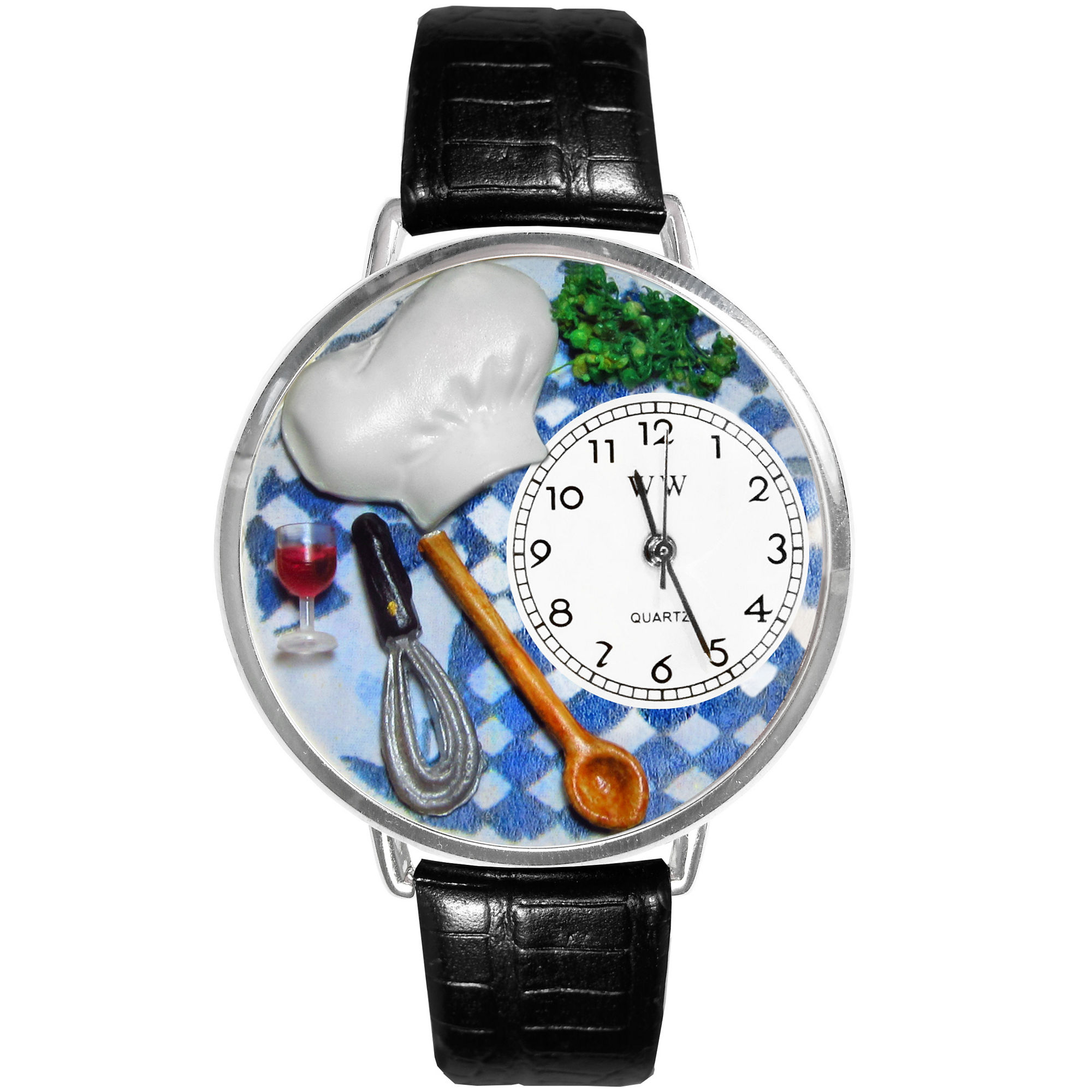 Whimsical Watches Personalized Chef Womens Silver-Tone Bezel Black Leather Strap Watch