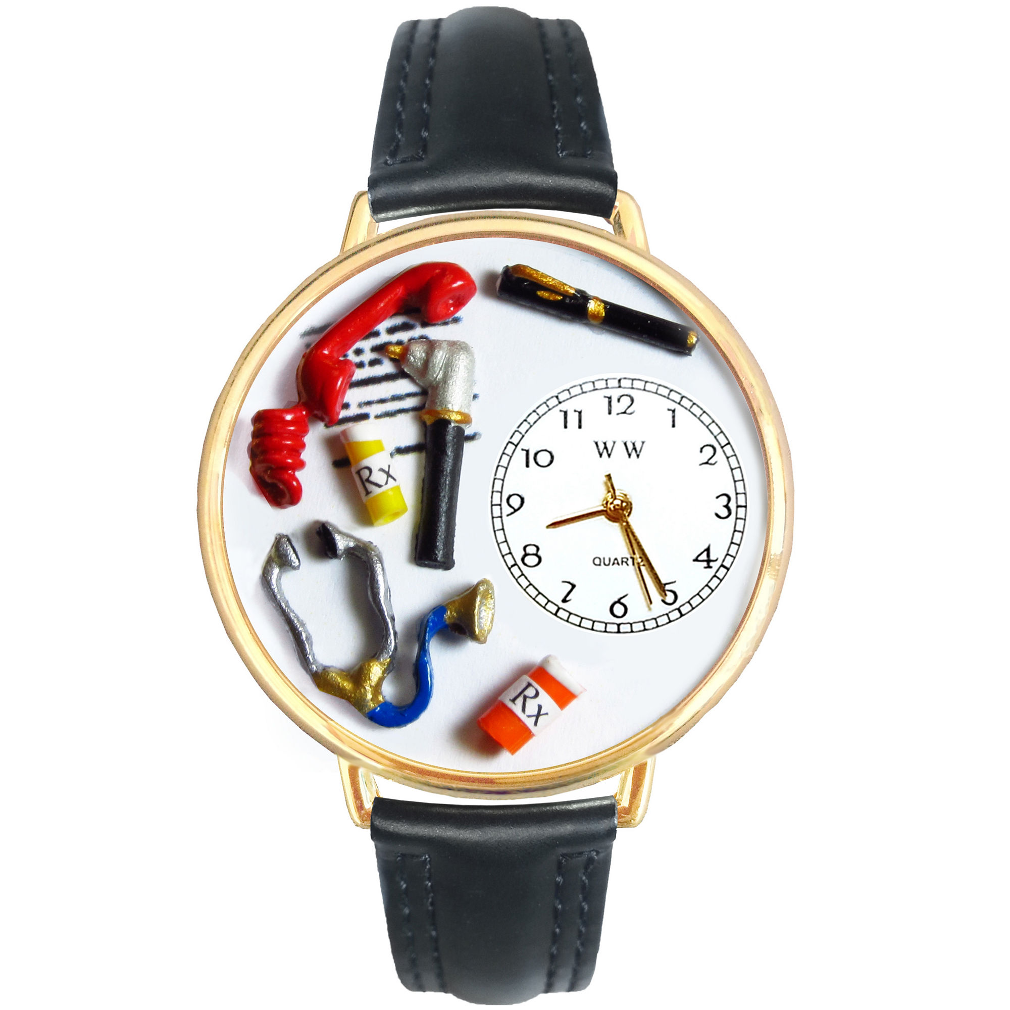 Whimsical Watches Personalized Doctor Womens Gold-Tone Bezel Black Leather Strap Watch