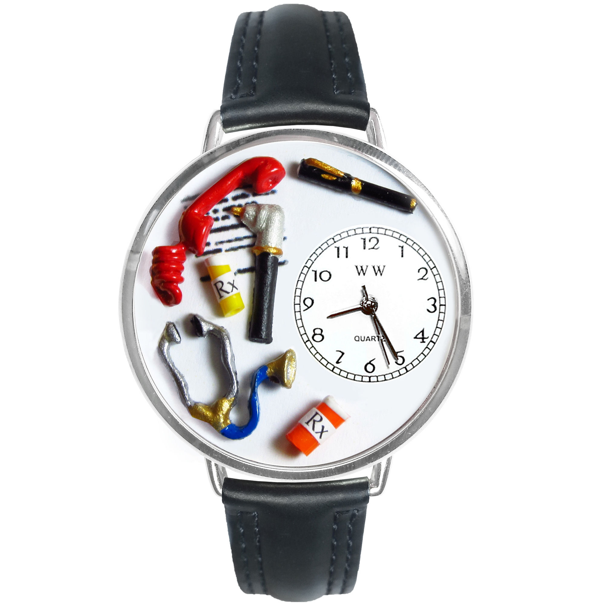 Whimsical Watches Personalized Doctor Womens Silver-Tone Bezel Black Leather Strap Watch