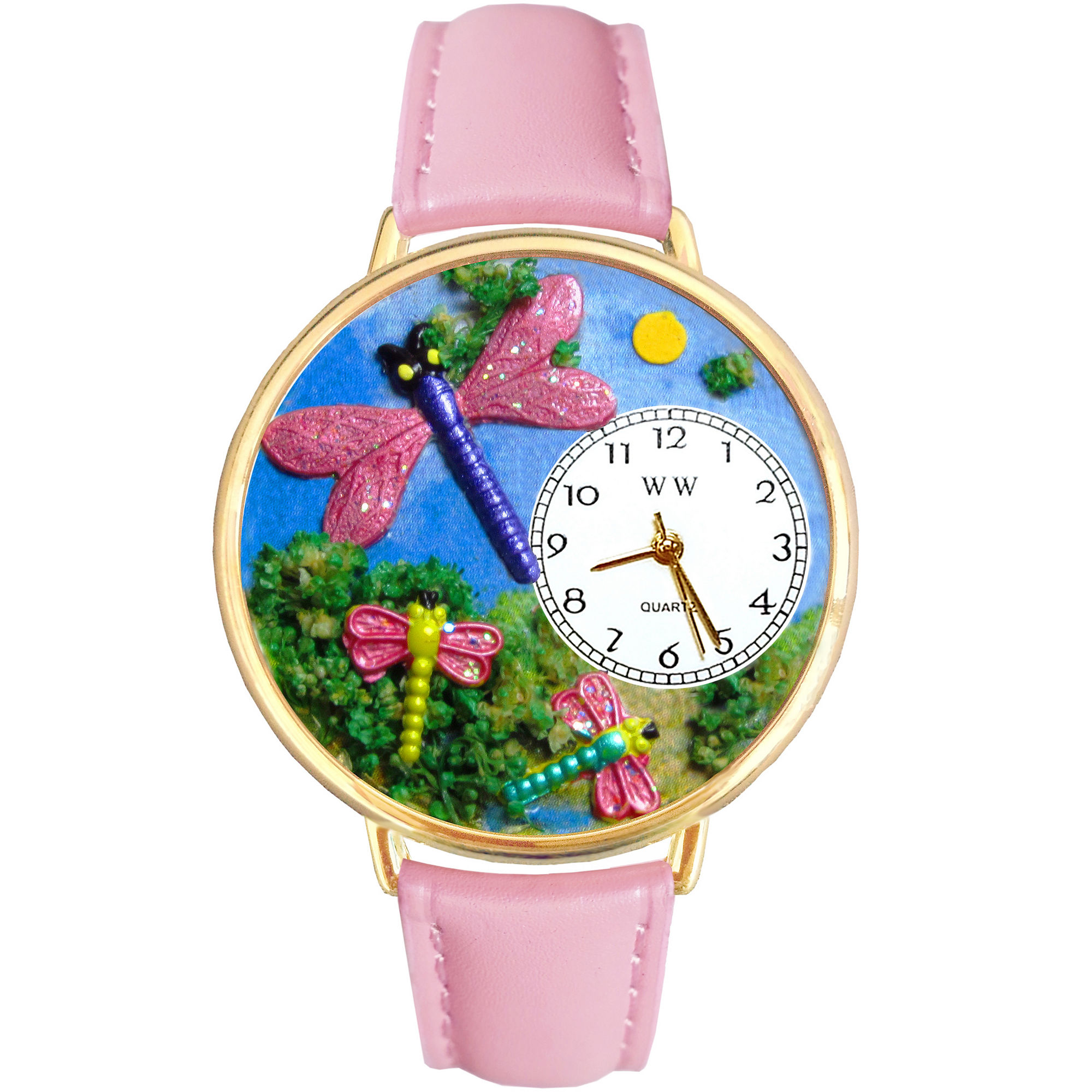 Whimsical Watches Personalized Dragonfly Womens Gold-Tone Bezel Pink Leather Strap Watch