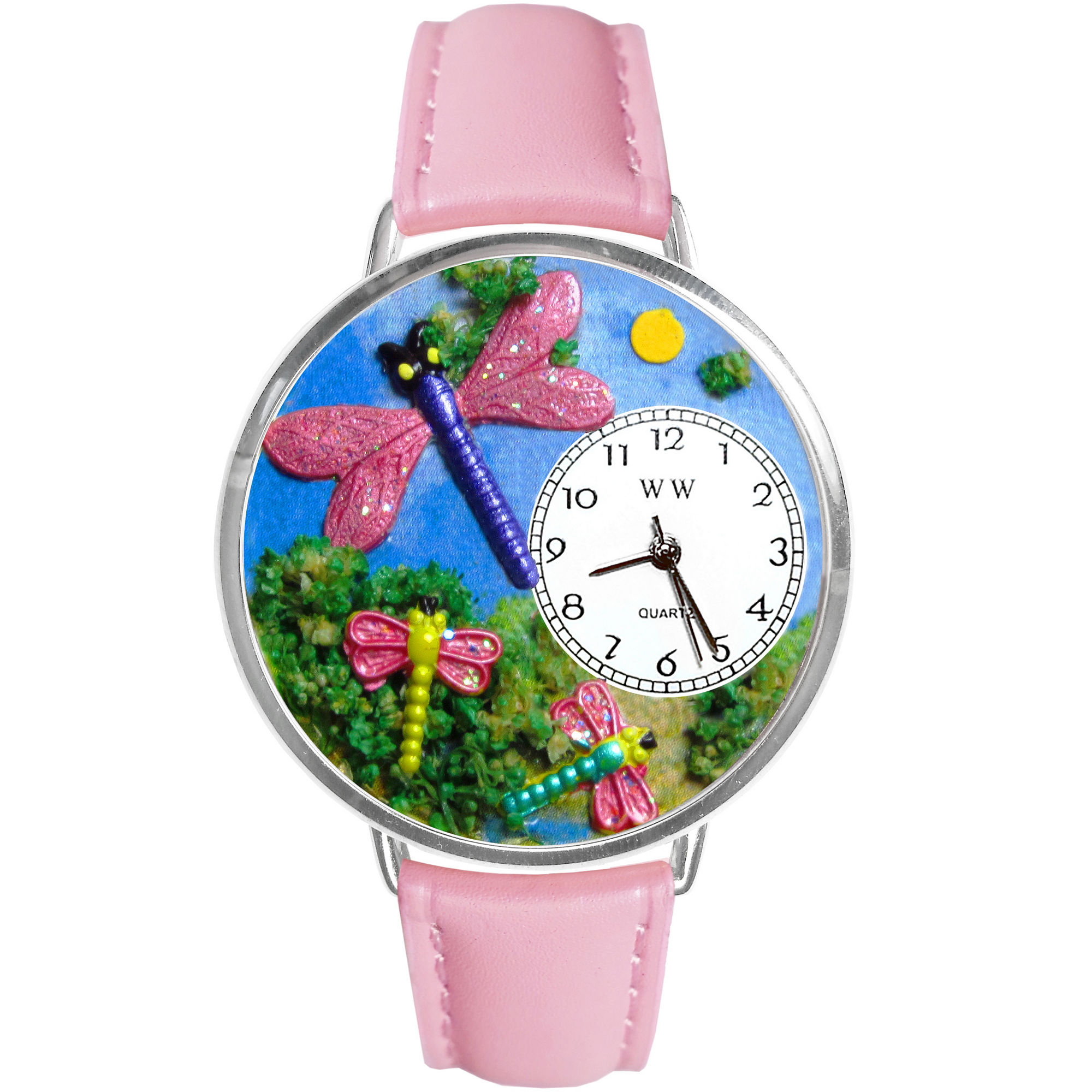 Whimsical Watches Personalized Dragonfly Womens Silver-Tone Bezel Pink Leather Strap Watch