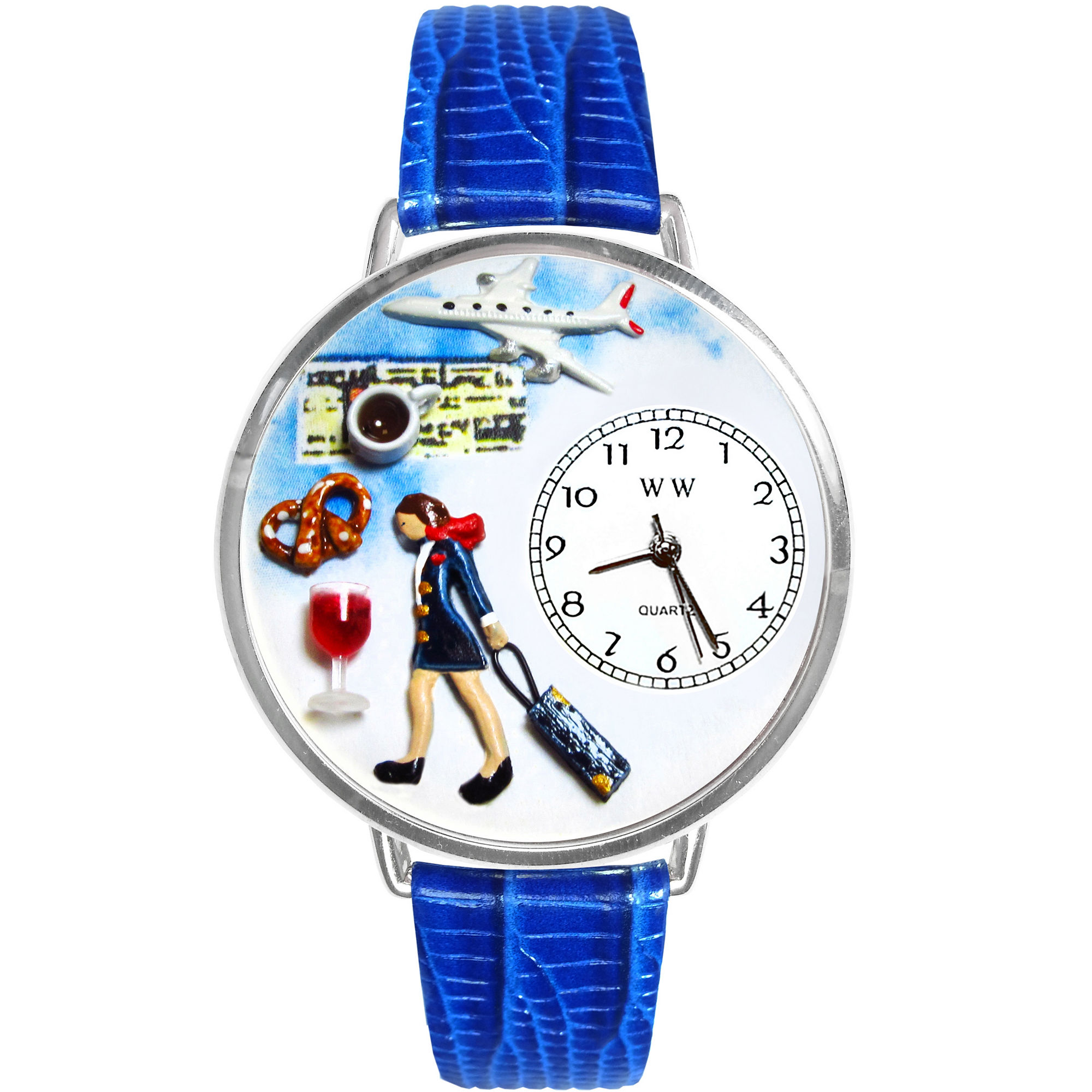 Whimsical Watches Personalized Flight Attendant Womens Silver-Tone Bezel Blue Leather Strap Watch