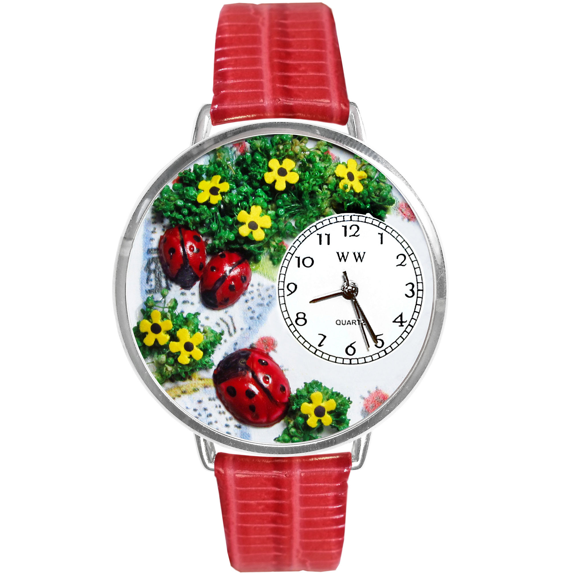 Whimsical Watches Personalized Ladybug Womens Silver-Tone Bezel Red Leather Strap Watch