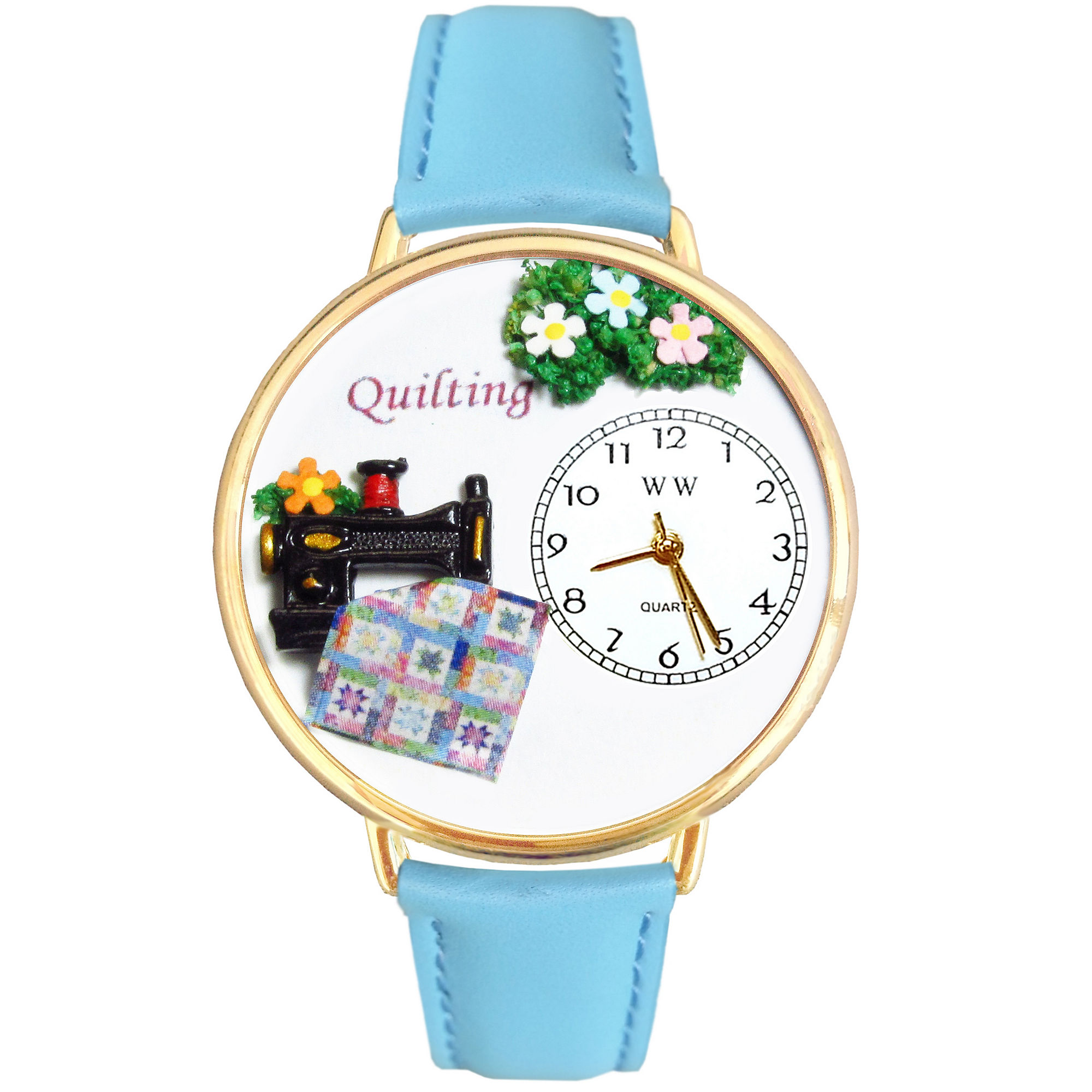 Whimsical Watches Personalized Quilt Womens Gold-Tone Bezel Light Blue Leather Strap Watch