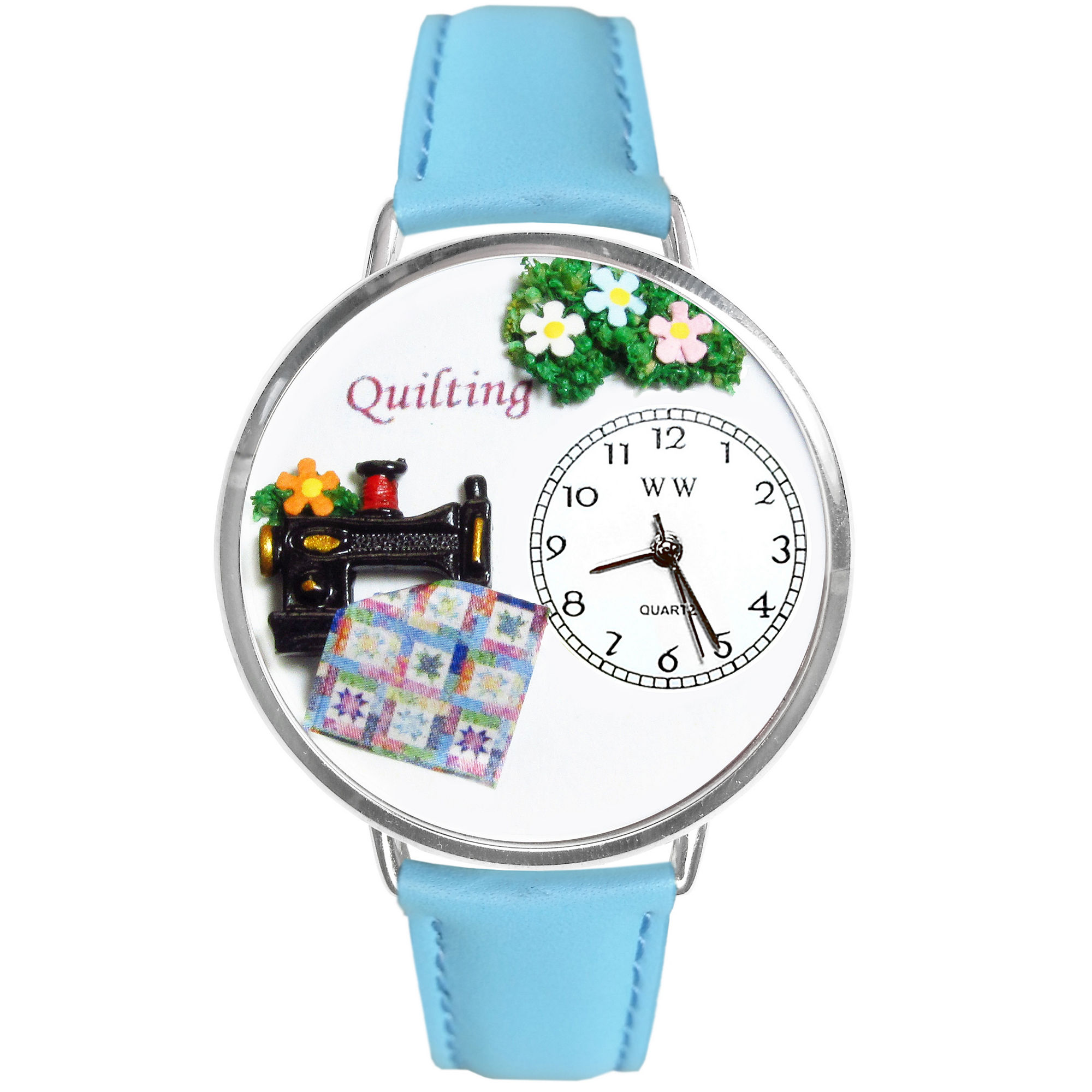 Whimsical Watches Personalized Quilt Womens Silver-Tone Bezel Light Blue Leather Strap Watch