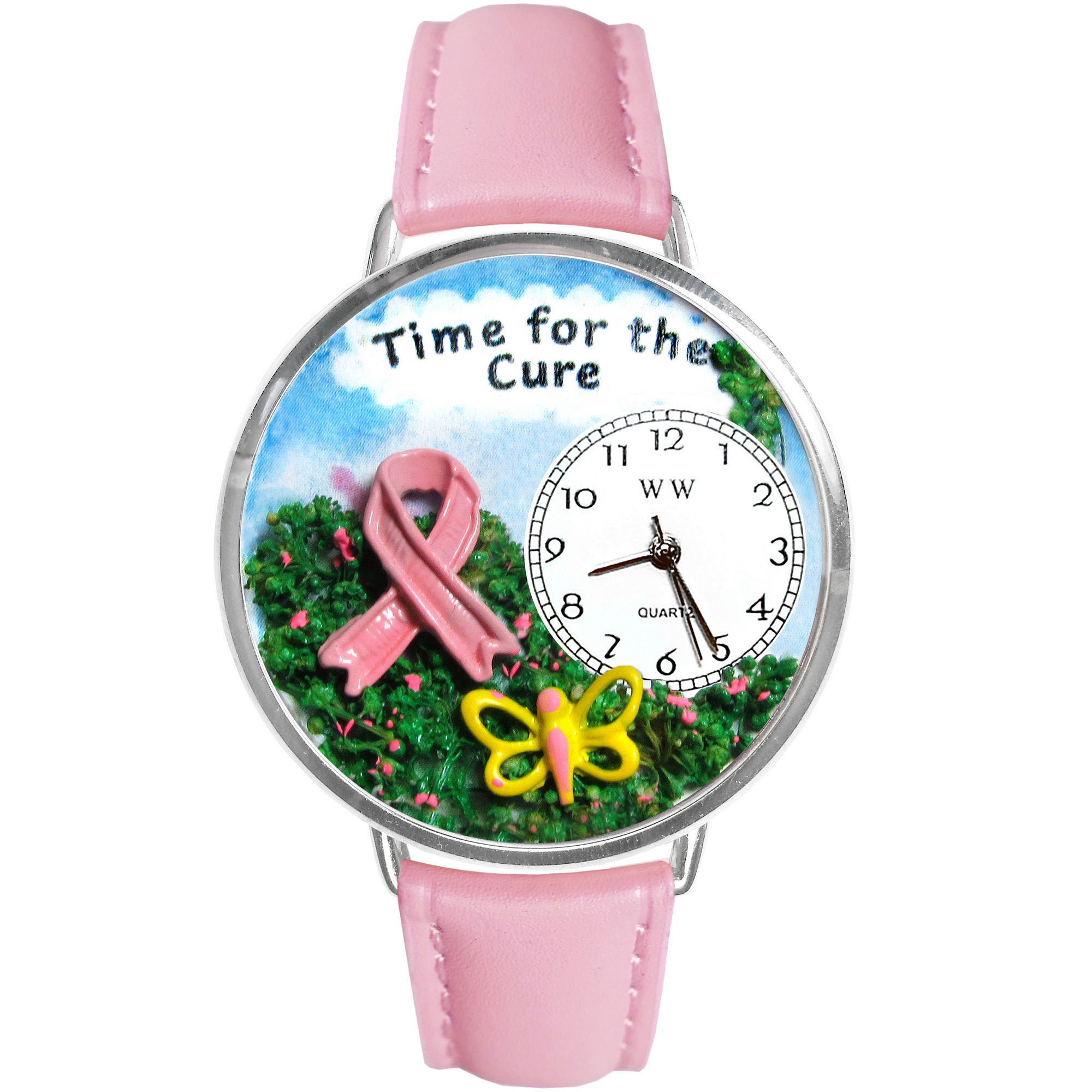 Whimsical Watches Personalized Pink Ribbon Cure Womens Silver-tone Bezel Pink Leather Strap Watch