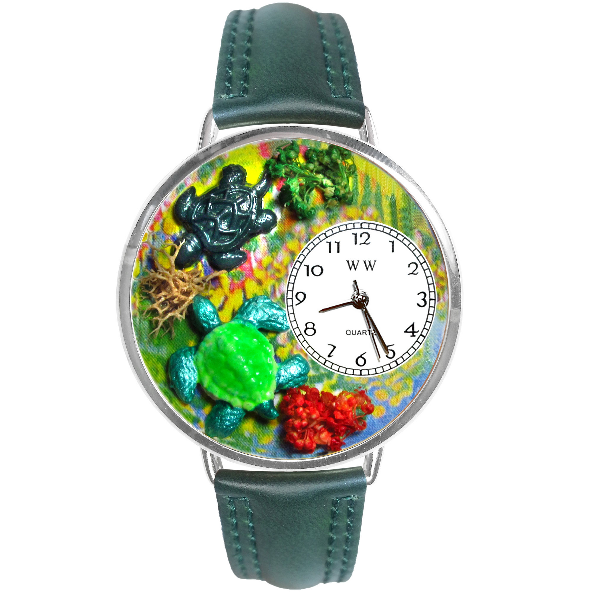 Whimsical Watches Personalized Turtle Womens Silver-Tone Bezel Green Leather Strap Watch