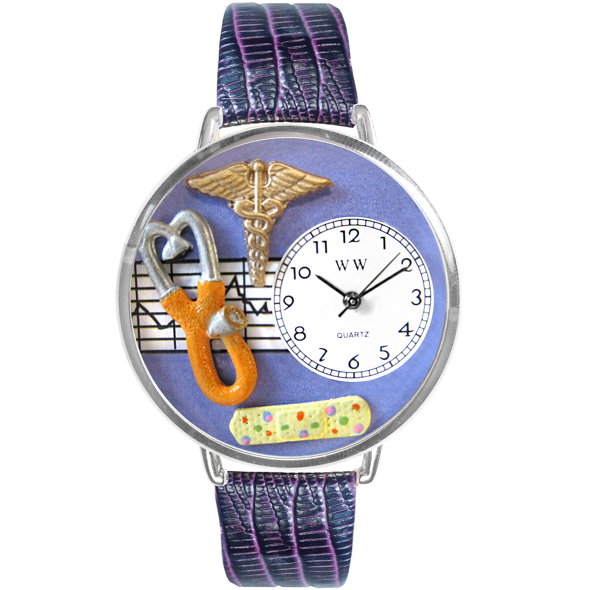 Whimsical Watches Personalized Nurse Womens Silver-Tone Bezel Purple Leather Strap Watch