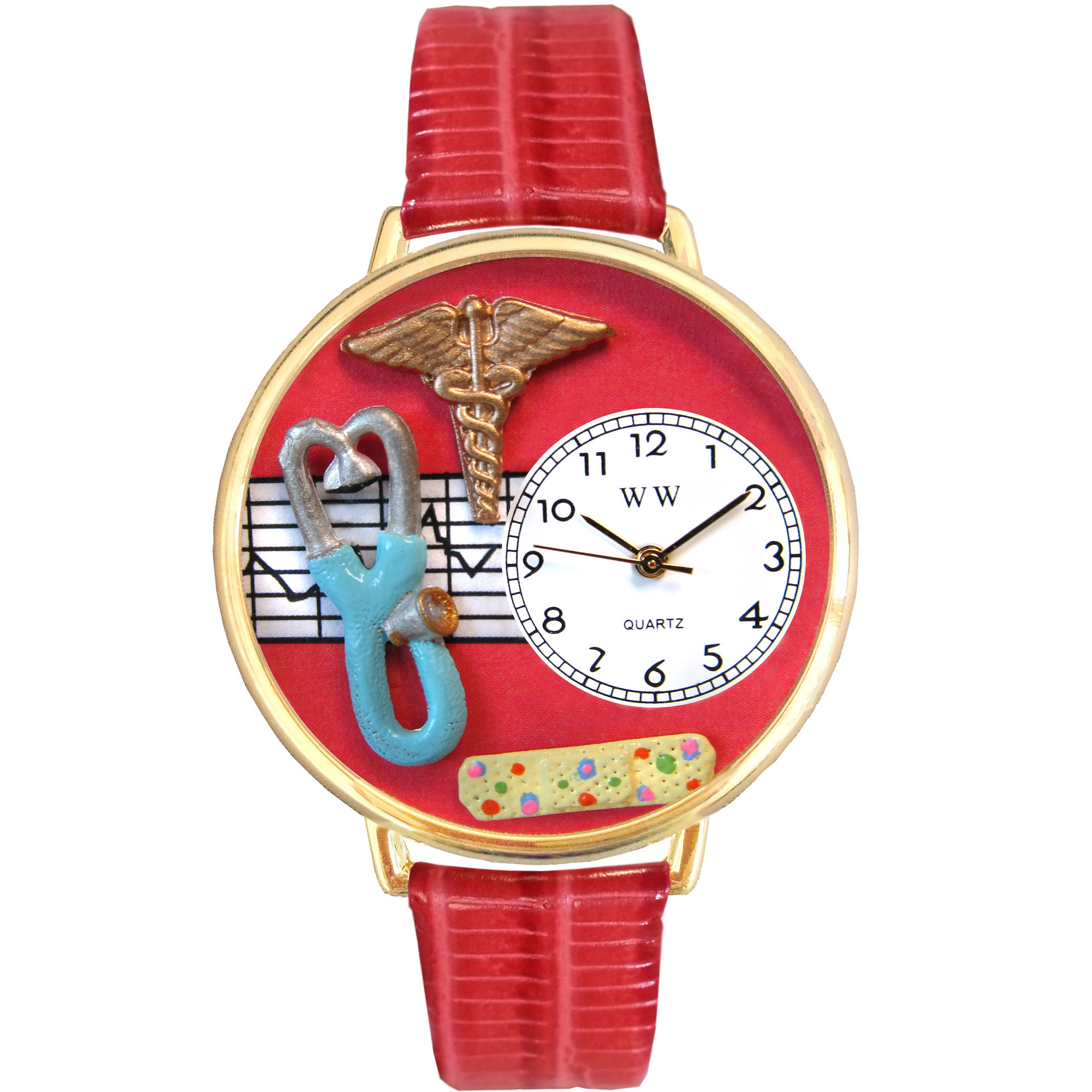Whimsical Watches Personalized Nurse Womens Gold-Tone Bezel Red Leather Strap Watch