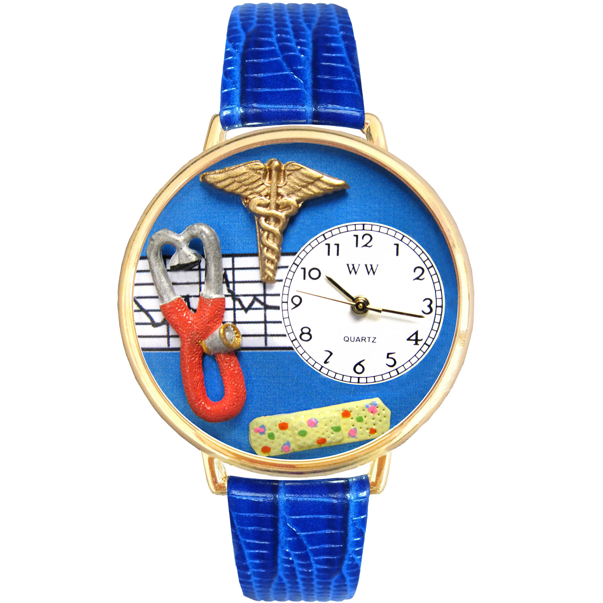 Whimsical Watches Personalized Nurse Womens Gold-Tone Bezel Blue Leather Strap Watch