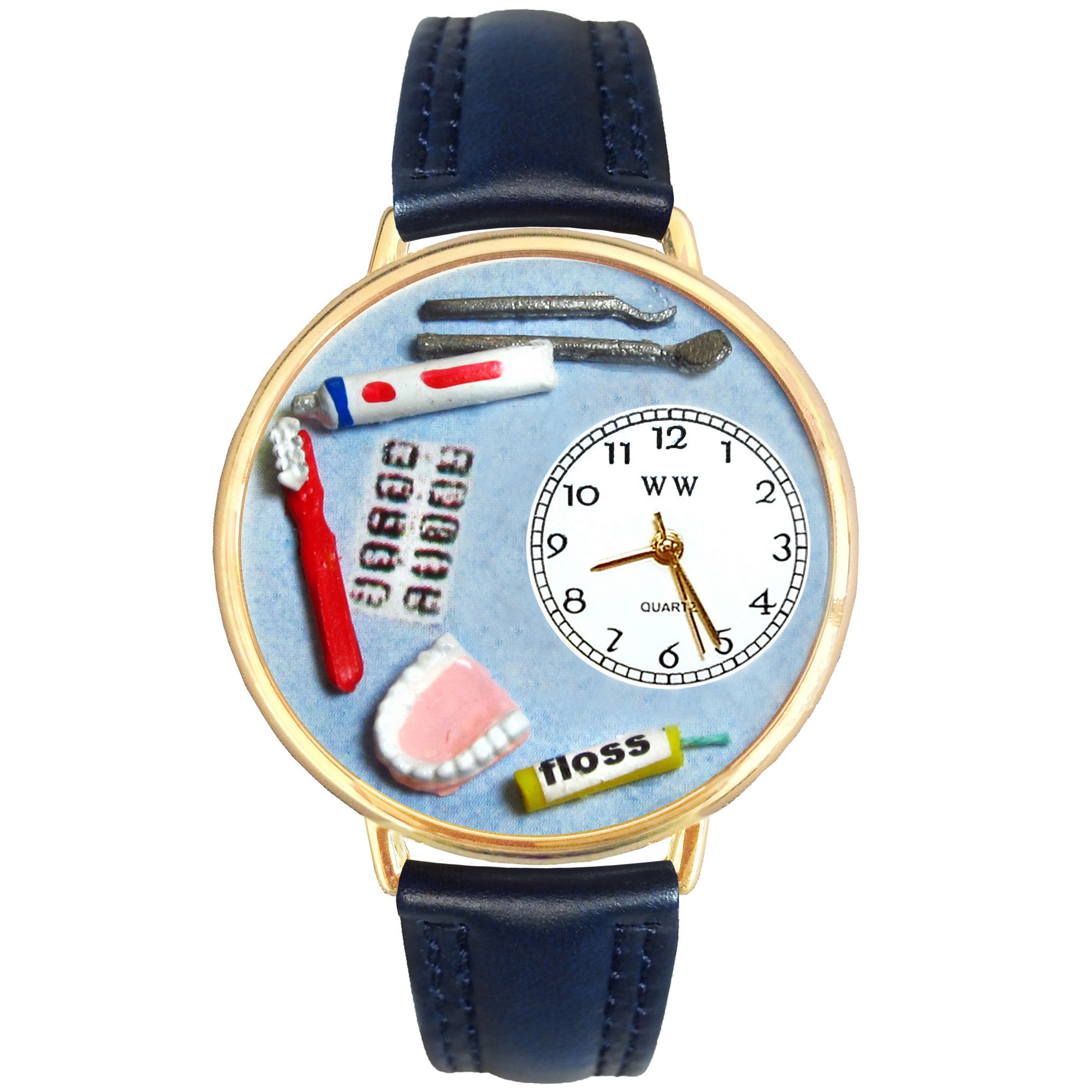Whimsical Watches Personalized Dentist Womens Gold-Tone Bezel Blue Leather Strap Watch