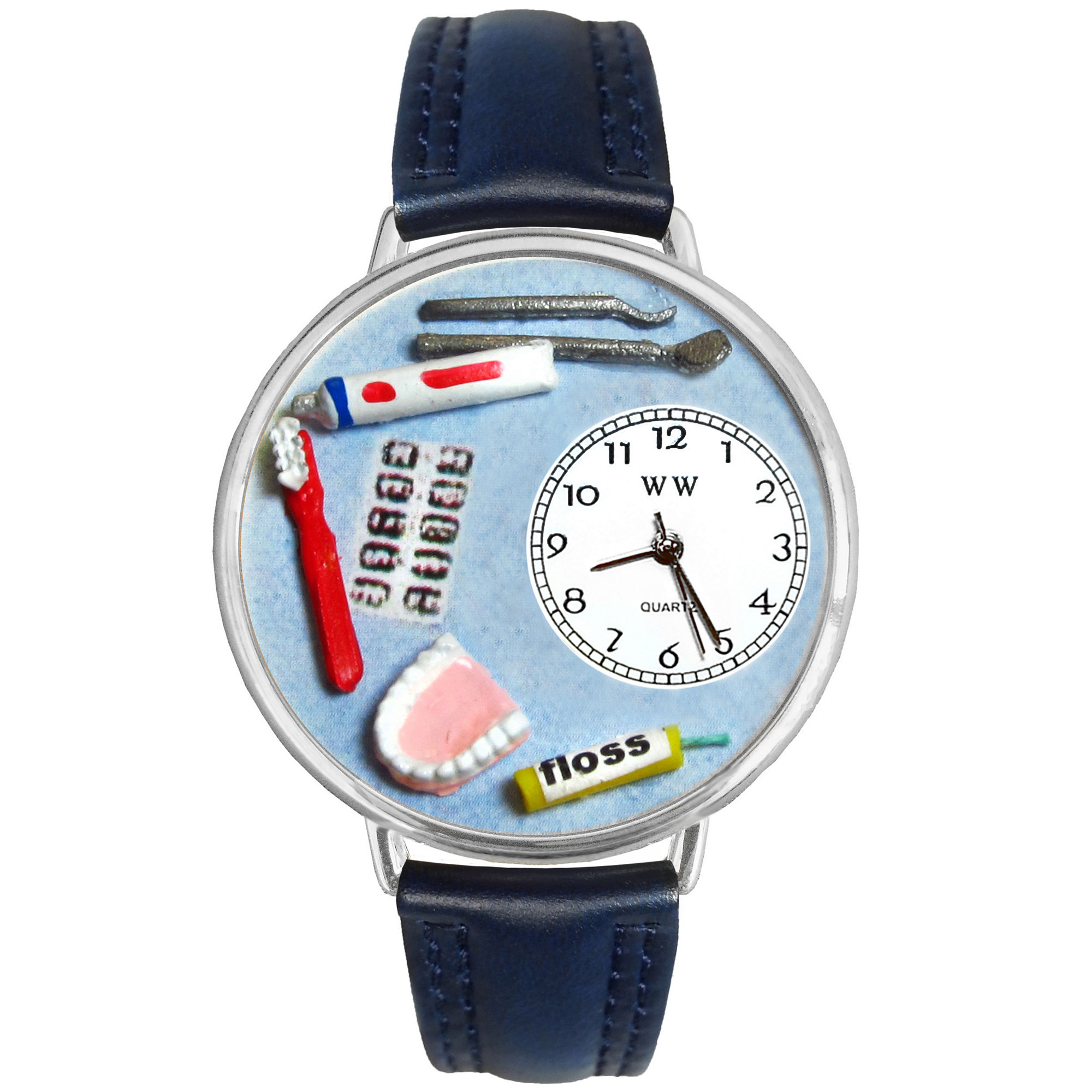 Whimsical Watches Personalized Dentist Womens Silver-Tone Bezel Blue Leather Strap Watch