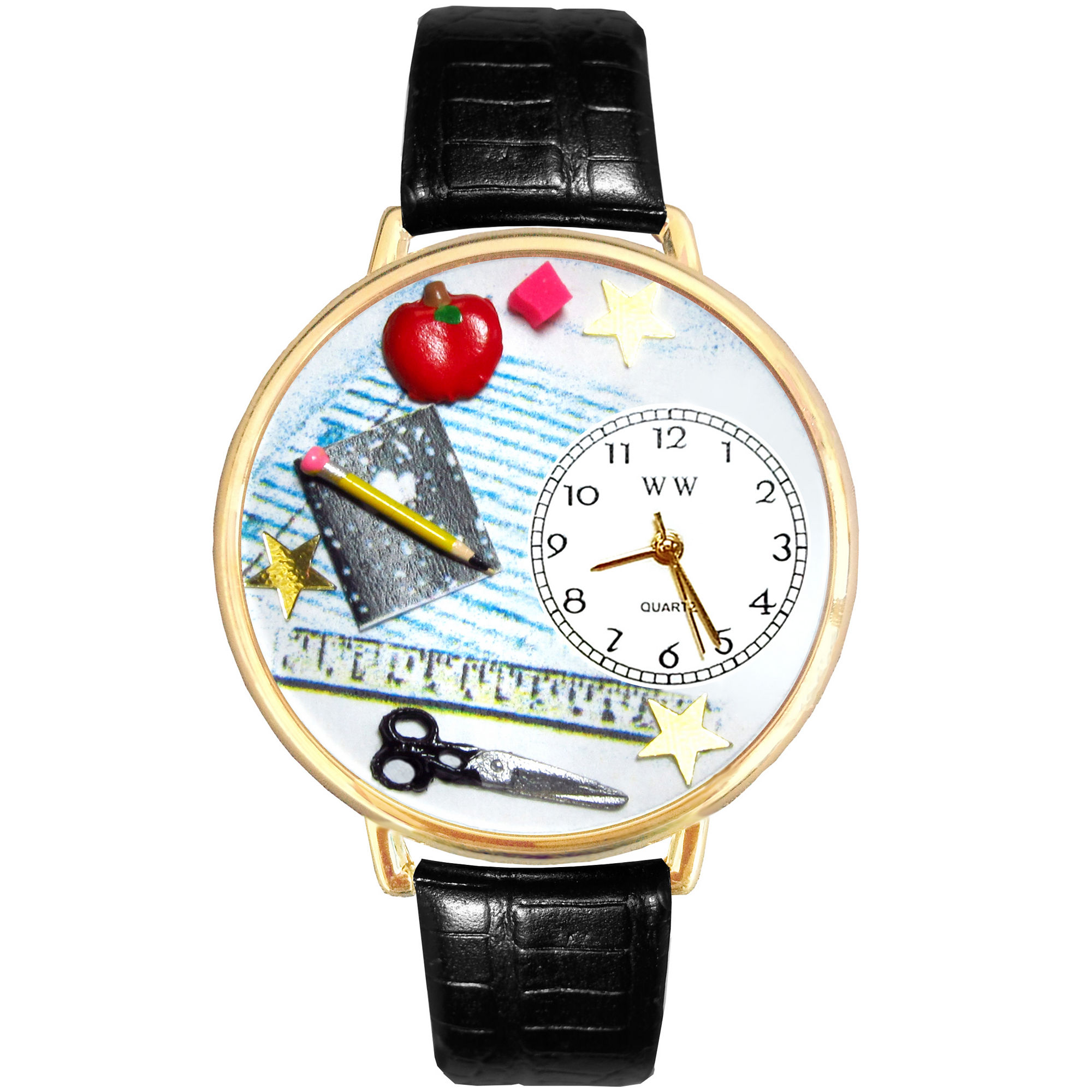Whimsical Watches Personalized Teacher Womens Gold-Tone Bezel Black Leather Strap Watch